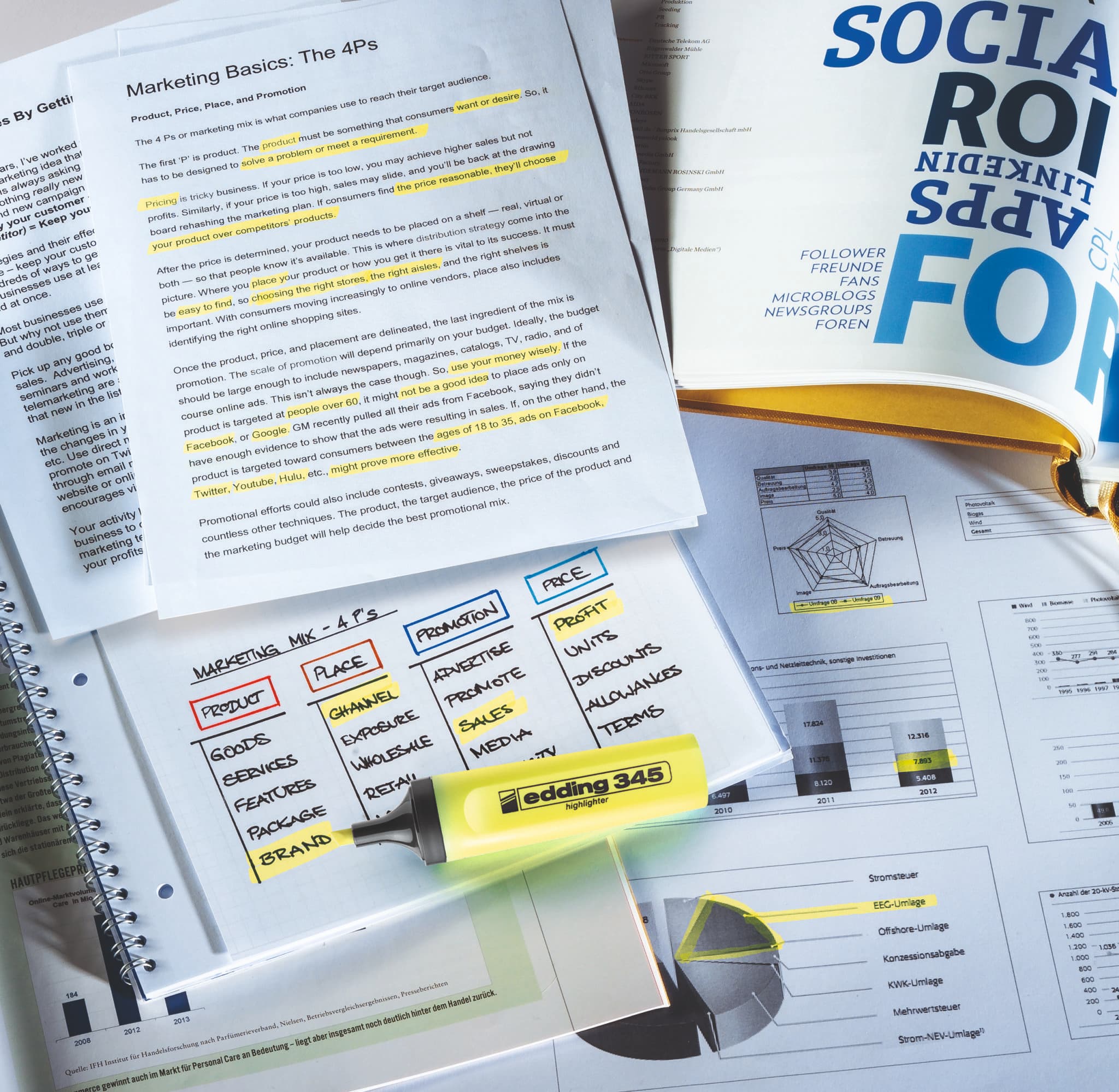 Ein Studienaufbau mit Marketingmaterialien mit hervorgehobenem Text mithilfe eines edding 345 Textmarkers, gekritzelten Notizen und Diagrammen, die auf einen eingehenden Überprüfungs- oder Lernprozess im Bereich Marketing hinweisen