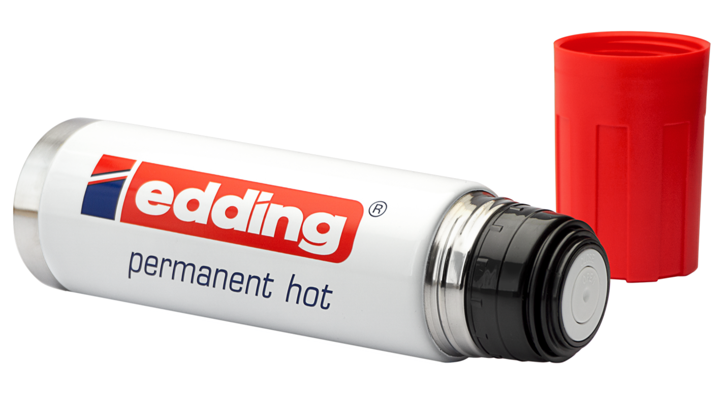 Eine edding Isolierkanne 500 ml mit abgenommenem Deckel vor dunklem Hintergrund.