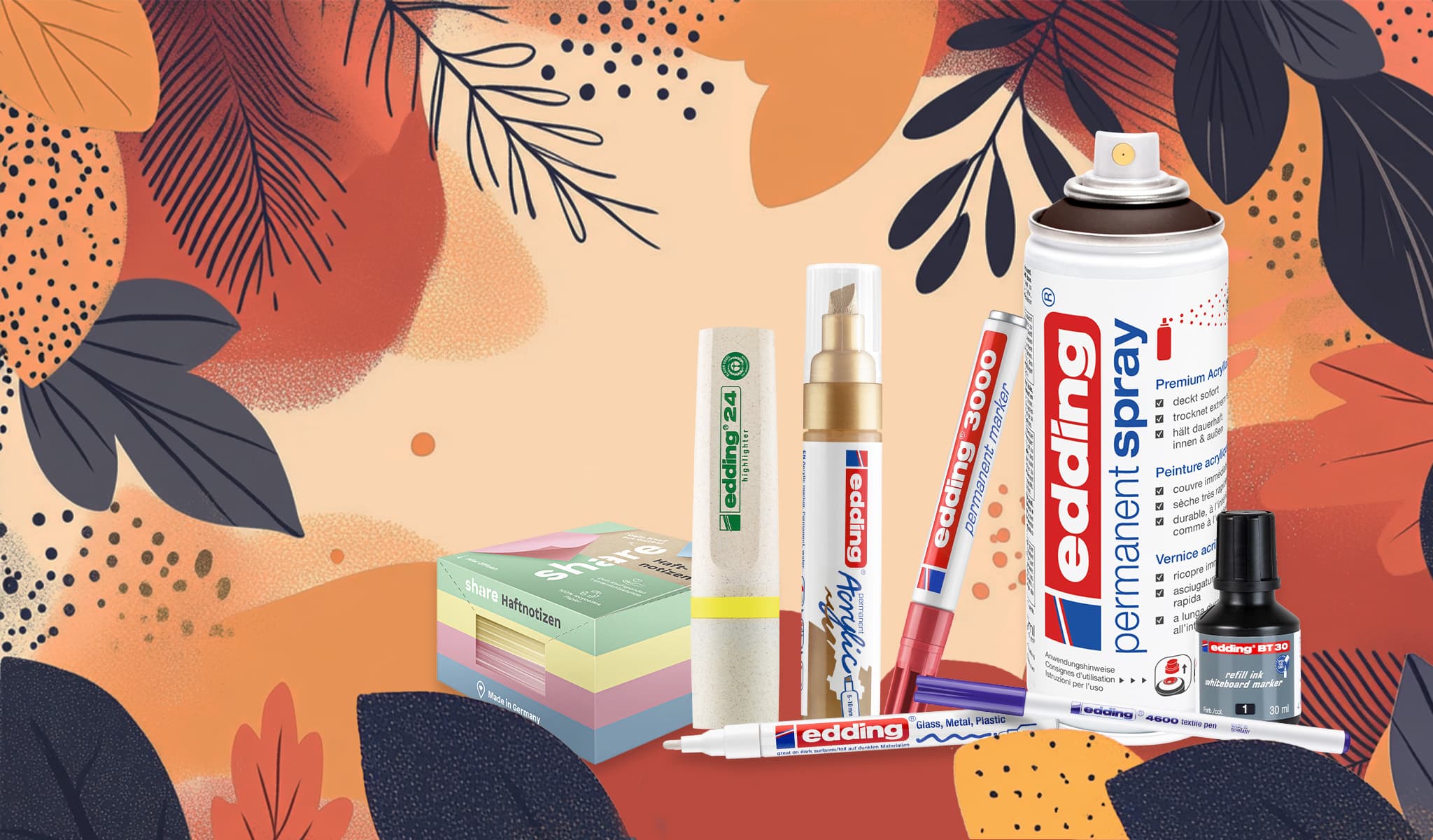 edding Produkte vor Herbst-Hintergrund