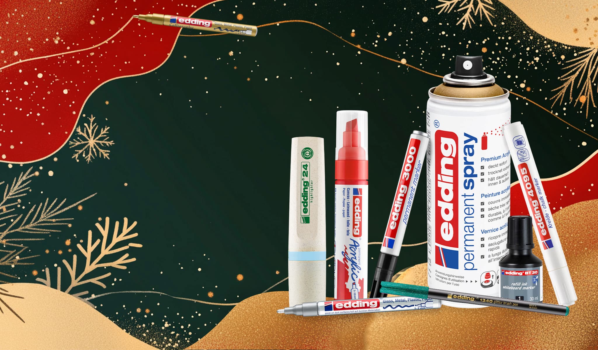 edding Produkte vor Weihnachts-Hintergund
