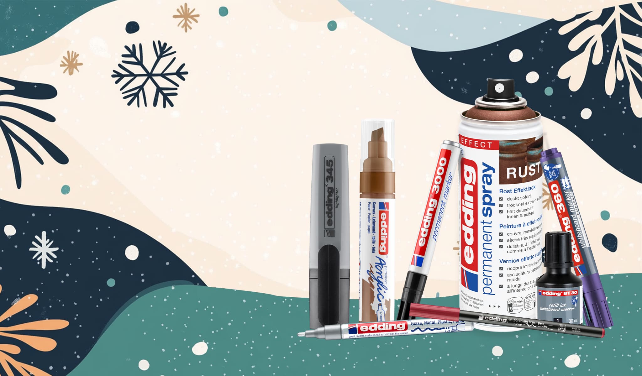edding Produkte vor Winter-Hintergrund