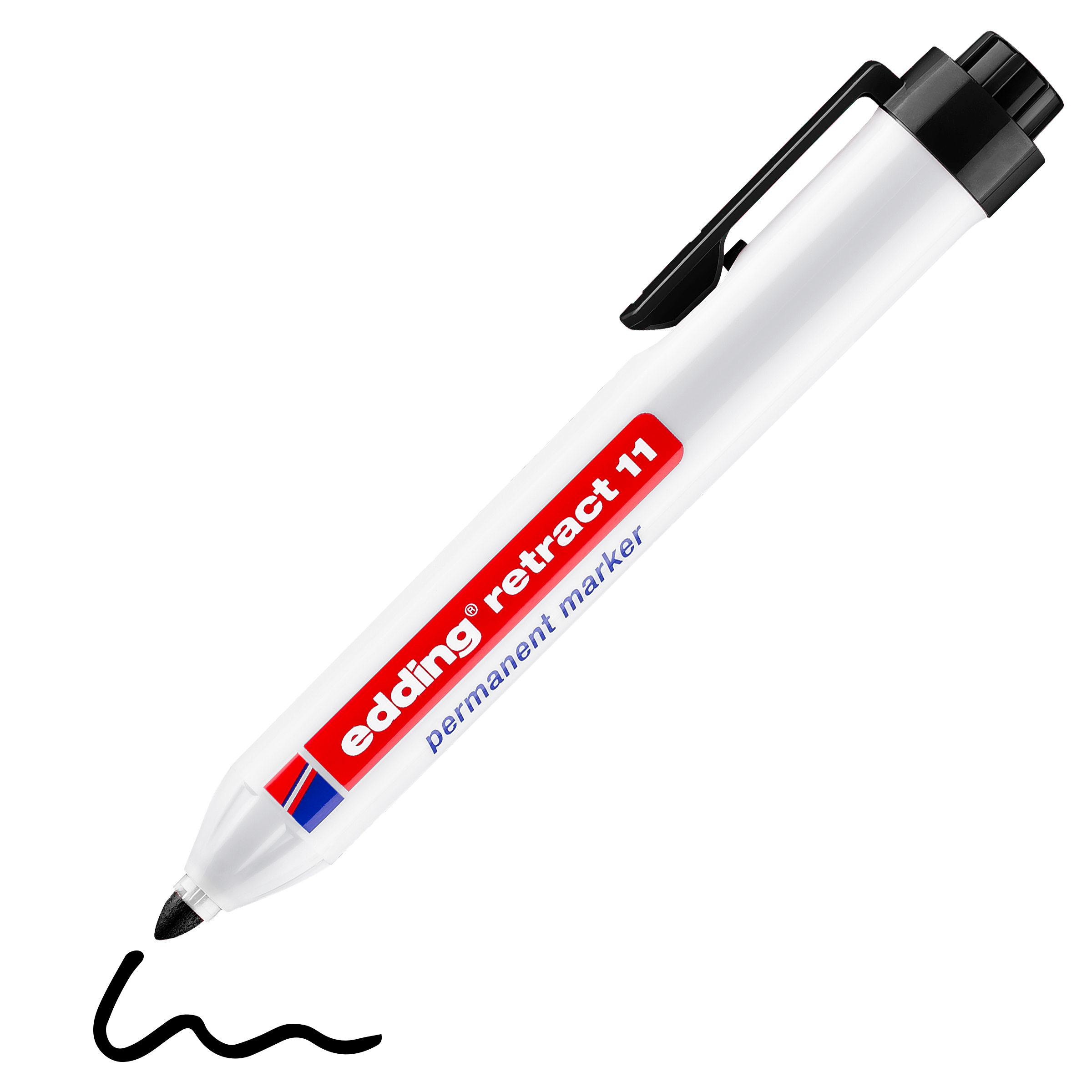 Ein weißer edding retract 11 Permanentmarker mit schwarzem Druckknopfverschluss und Clip sowie dem rot-blauen edding-Logo und Produktnamen auf dem Schaft.