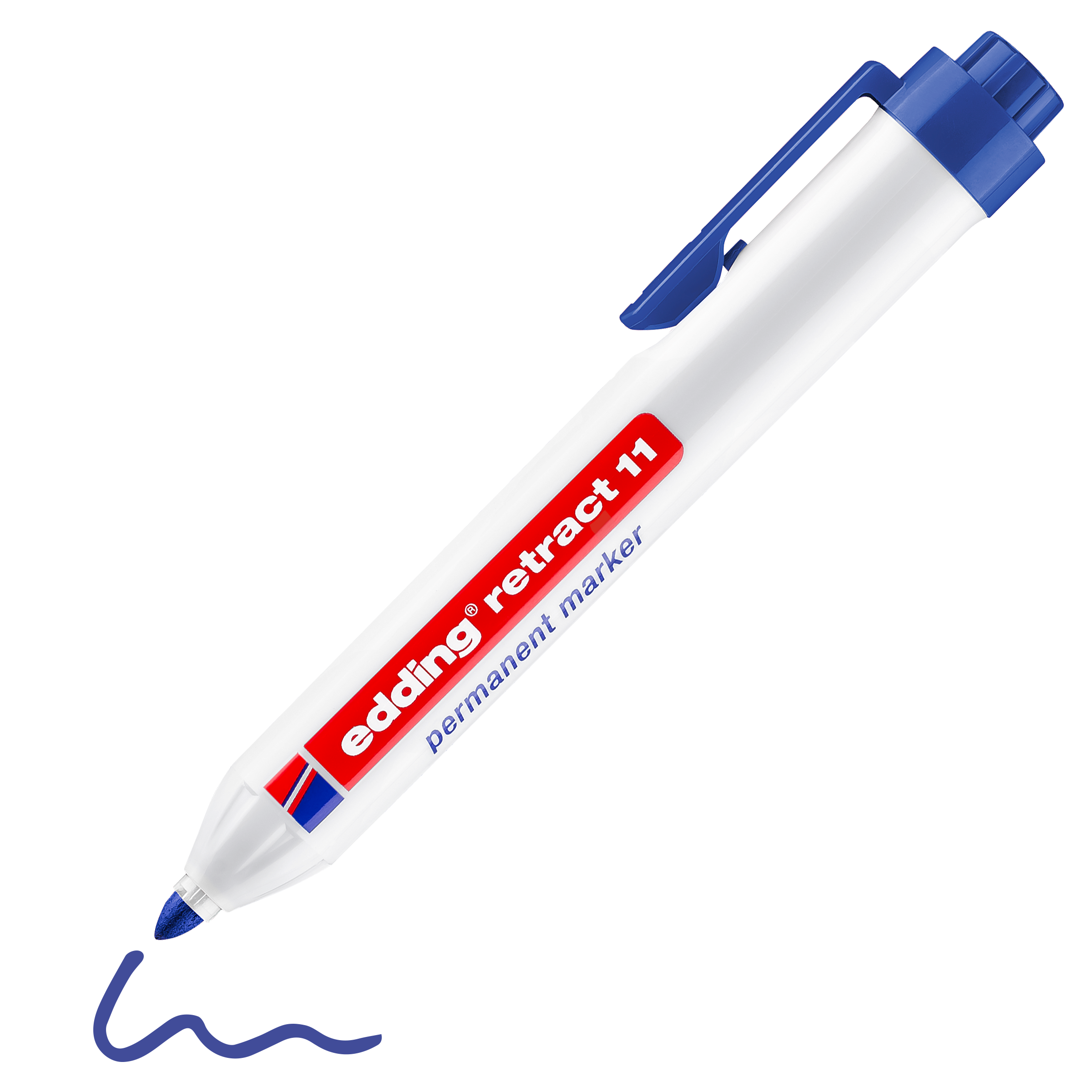 Ein weißer edding retract 11 Permanentmarker mit Nachfülltinte hat einen blauen Clip und eine blaue Spitze, zeichnet eine blaue Schlangenlinie und zeigt auf dem Schaft die Marke edding und Produktdetails.