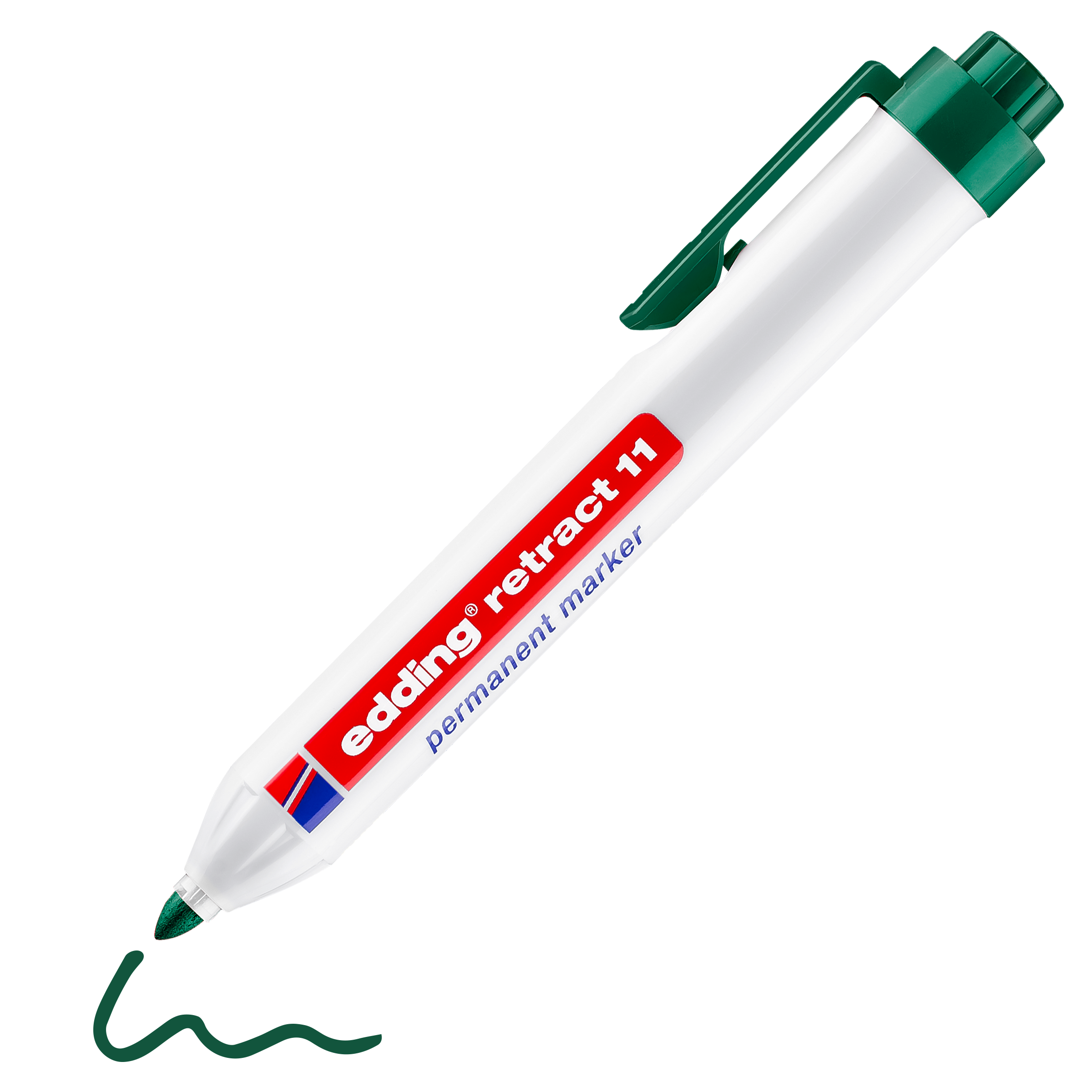 Ein weißer edding retract 11 Permanentmarker mit grüner Spitze und Kappe zeigt eine grüne Wellenlinie.