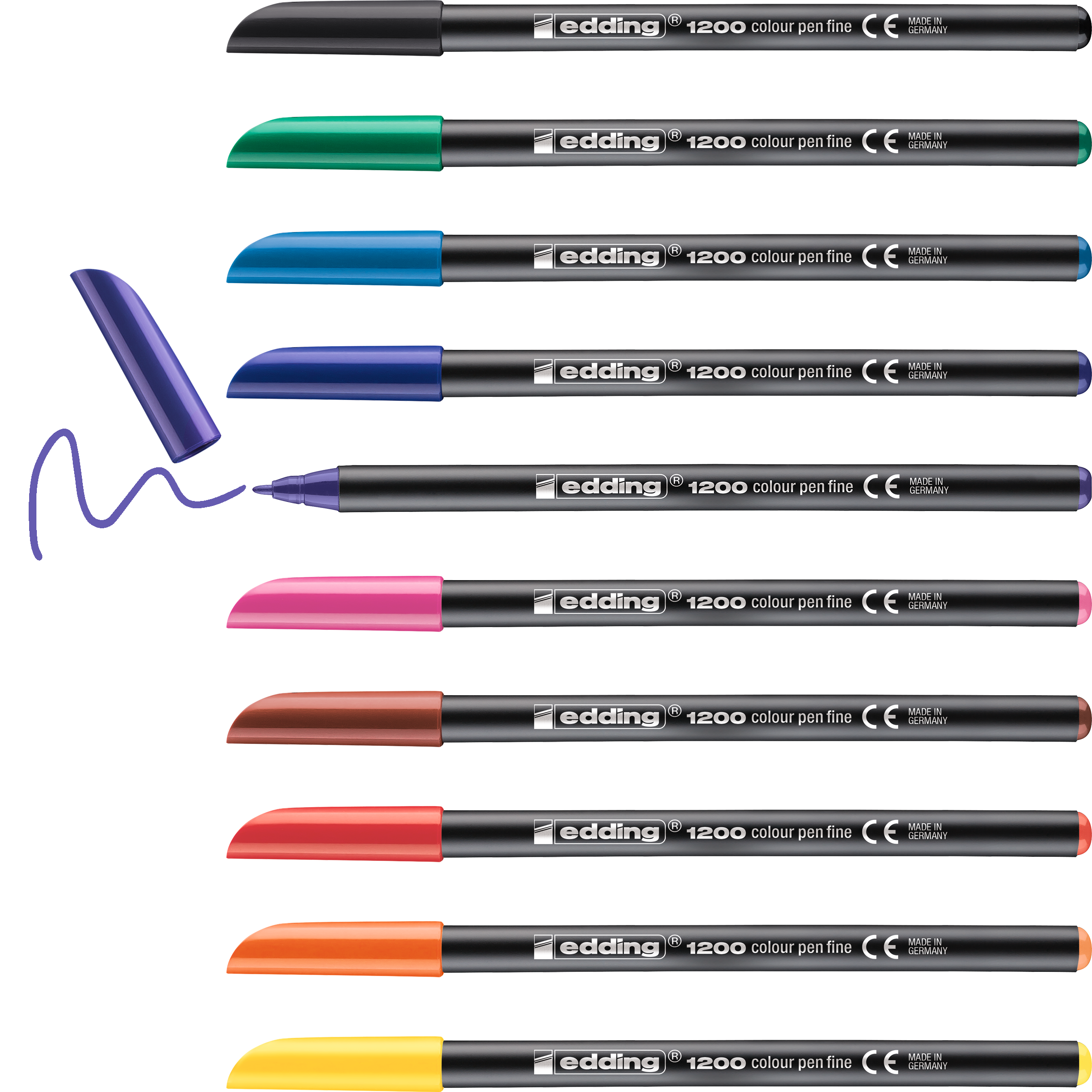 Zehn edding 1200 Fasermaler fein Stifte von edding liegen horizontal in einer Metallbox. Der violette Stift hat keine Kappe und ist mit einer verschnörkelten Linie versehen. Jeder Stift hat eine individuell gefärbte Kappe und Spitze.