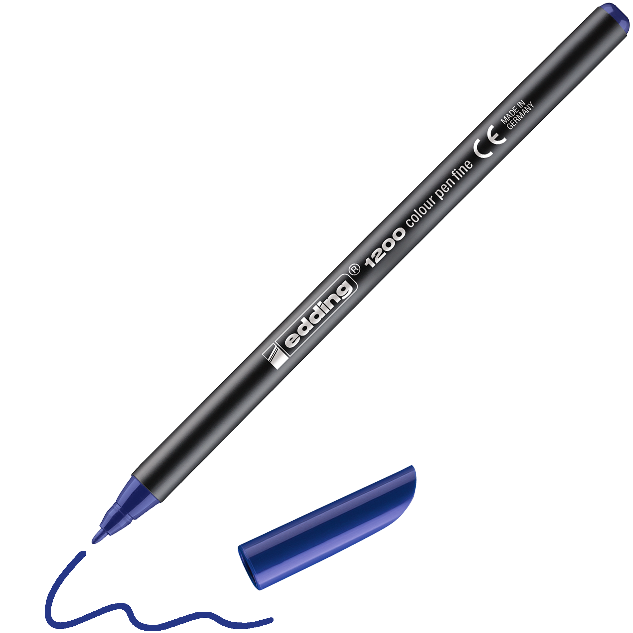 Ein blauer edding 1200 Fasermaler fein von edding liegt ohne Kappe neben einer selbst gezeichneten blauen Schlangenlinie, die Kappe ist unter dem Stift platziert.