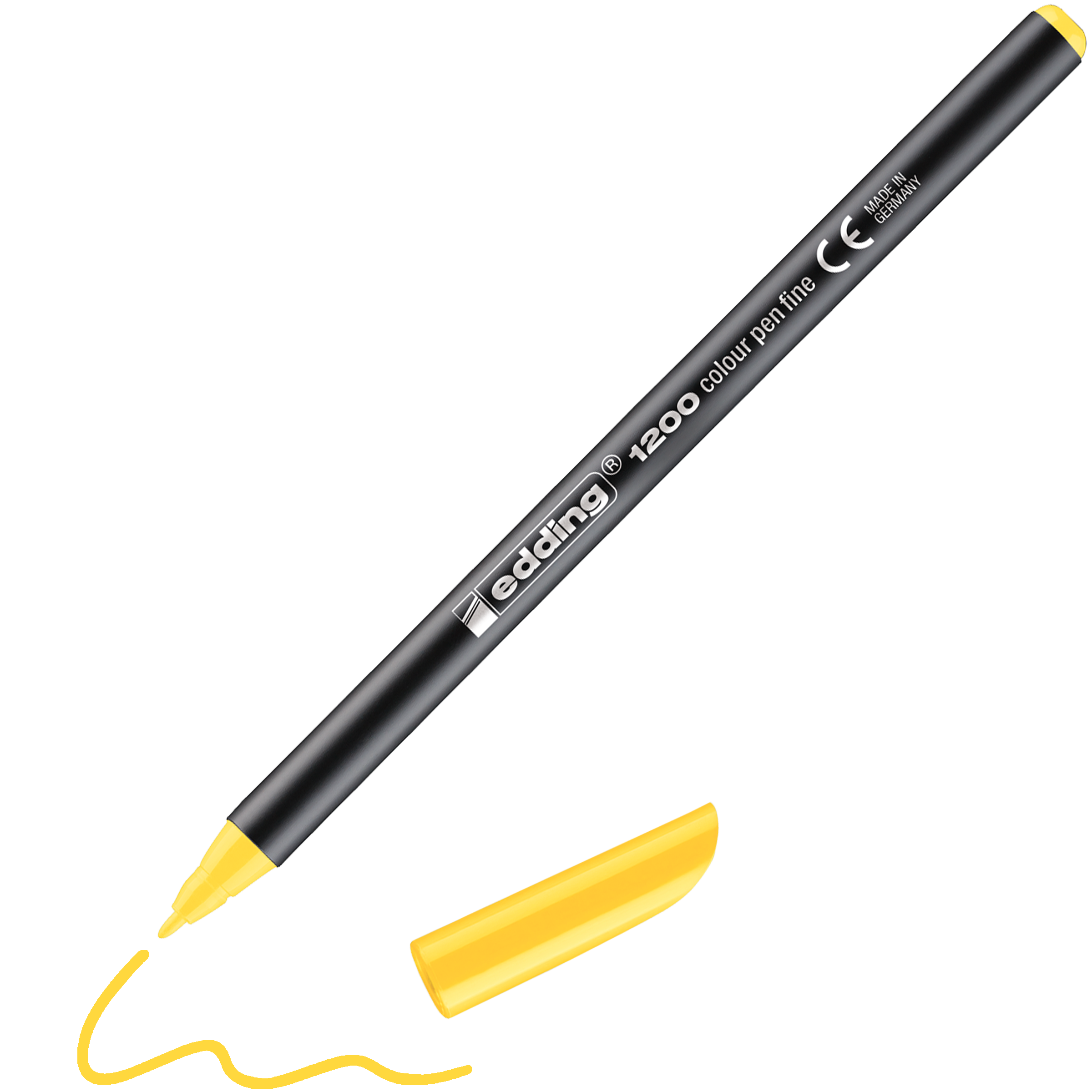 Ein schwarzer edding 1200 Fasermaler fein von edding mit gelber Spitze zeichnet eine geschwungene gelbe Linie, die einem edding Fineliner ähnelt. Die gelbe Kappe liegt neben dem Stift.