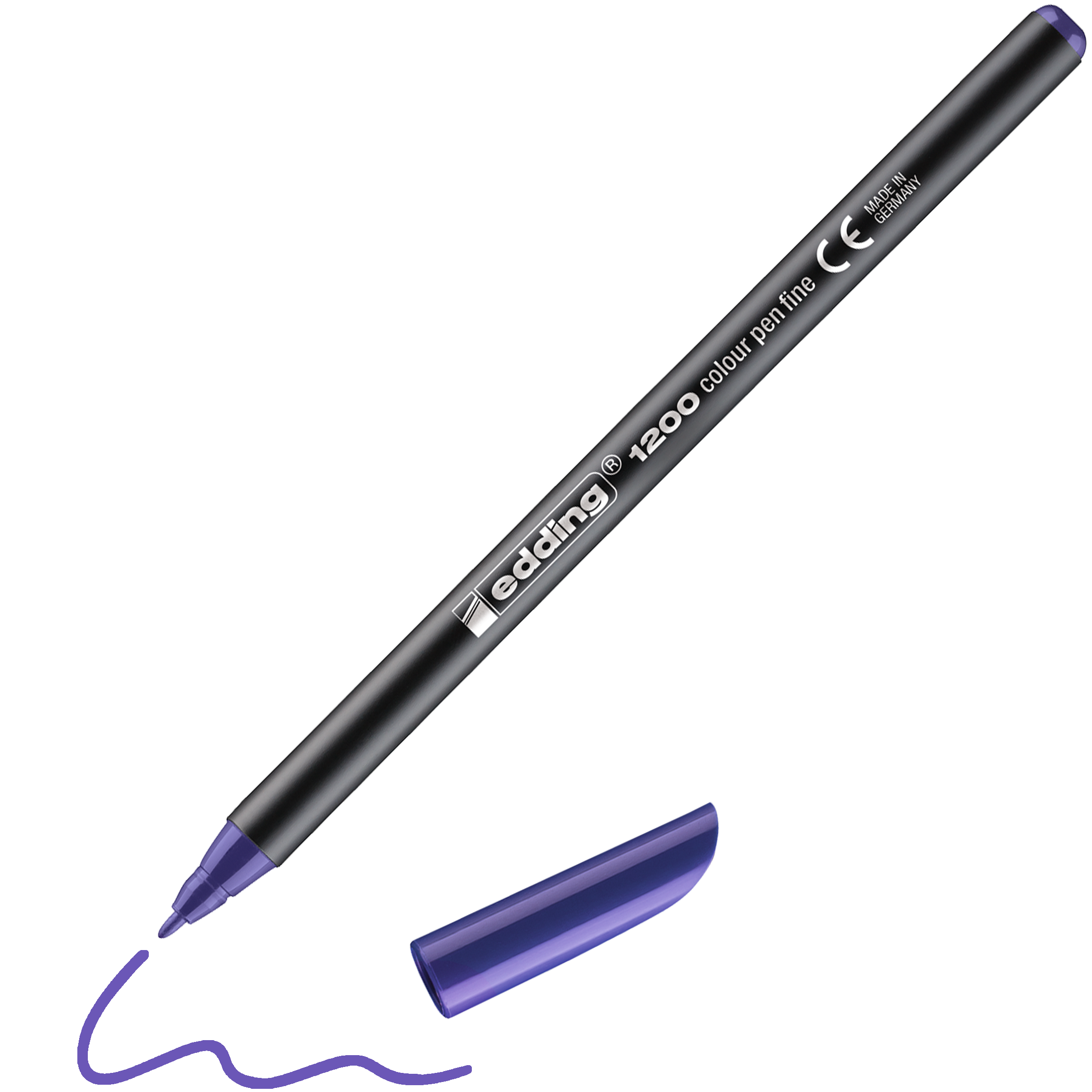 Ein schwarzer Edding 1200 Fasermaler fein mit violetter Spitze, dessen violette Kappe entfernt und in der Nähe liegt, und daneben eine violette Wellenlinie gezeichnet.