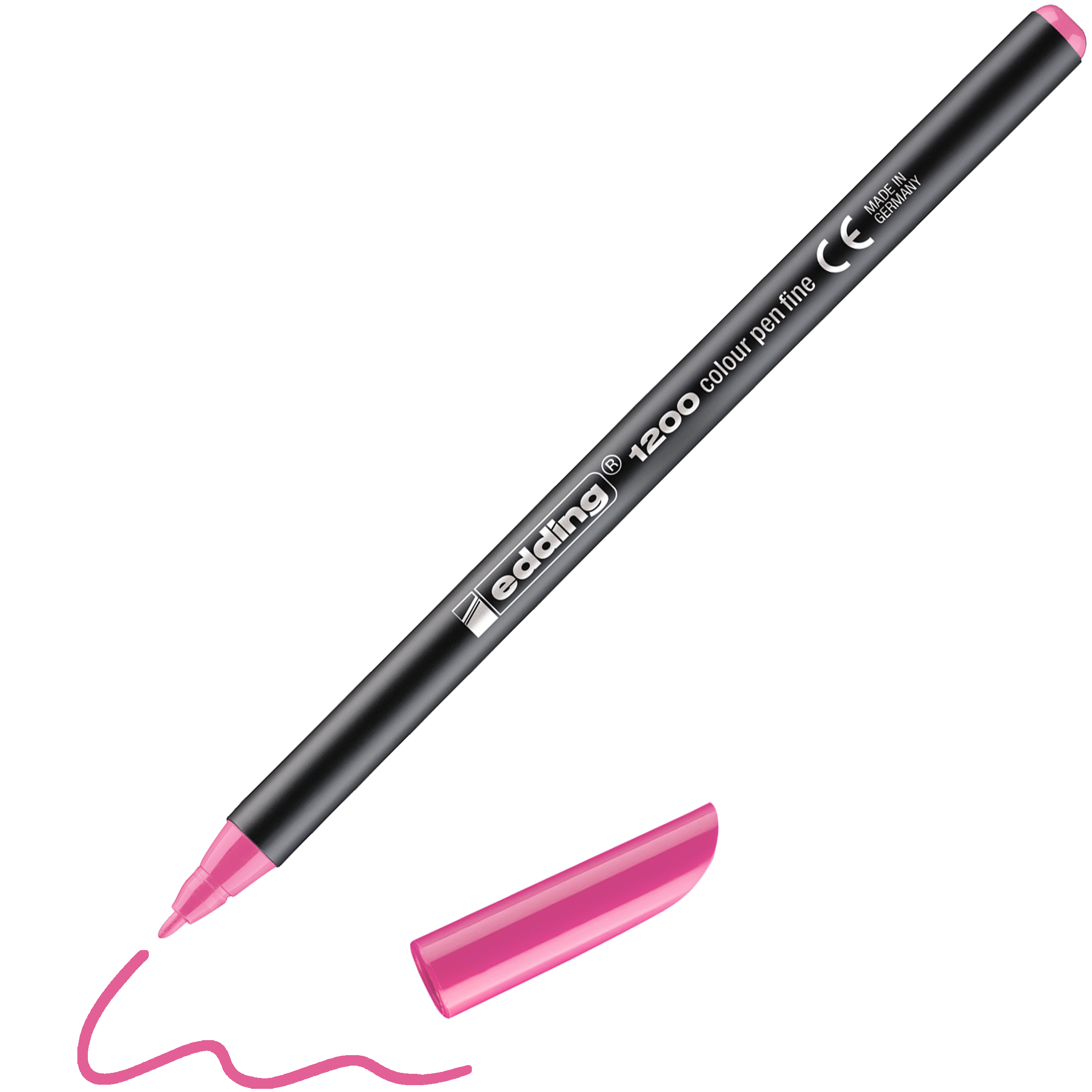 Ein schwarzer edding 1200 Fasermaler fein Farbstift mit einer feinen rosa Spitze und der entfernten rosa Kappe daneben zeigt eine verschnörkelte rosa Linie, die mit dem Stift der Marke edding gezeichnet wurde.