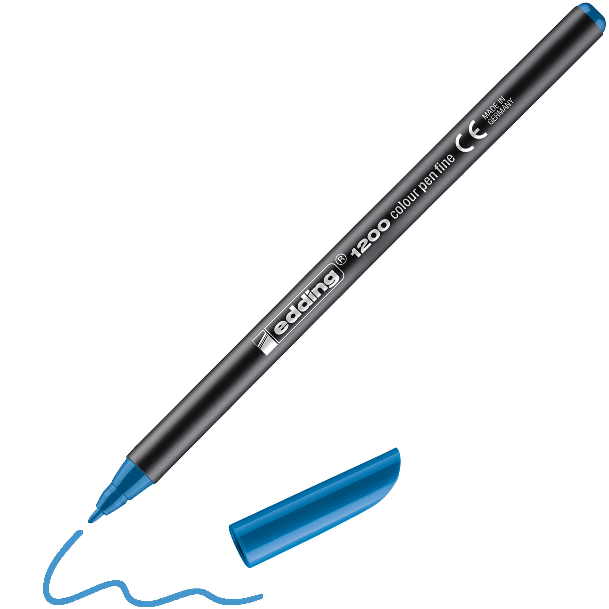 Ein schwarzer edding 1200 Fasermaler fein von edding mit blauer Spitze und Kappe liegt neben einer blauen Wellenlinie, die mit dem Stift gezeichnet wurde, darunter befindet sich die Kappe.
