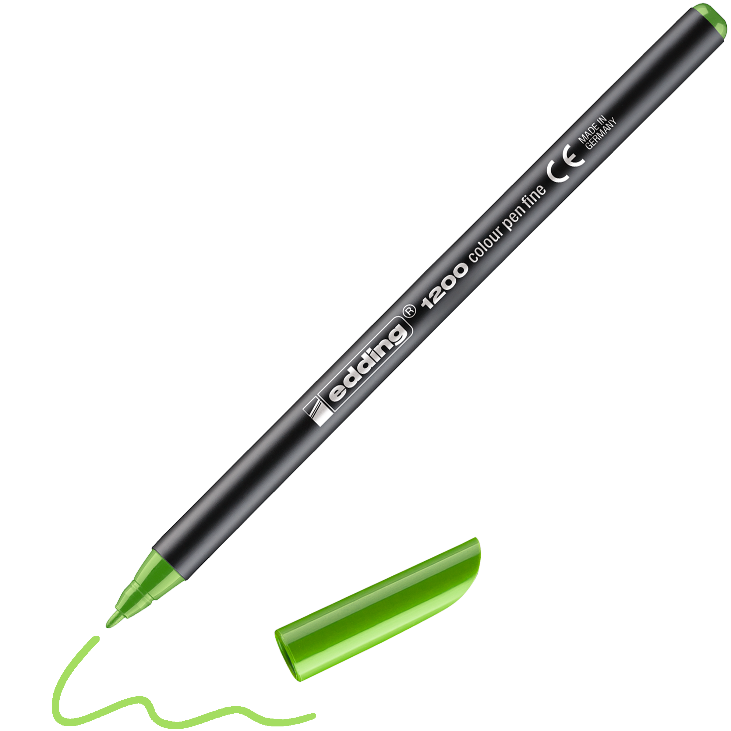 Ein grüner Fasermalerstift edding 1200 fein von edding liegt ohne Kappe daneben, neben einer gewellten grünen Linie, die er gezeichnet hat.