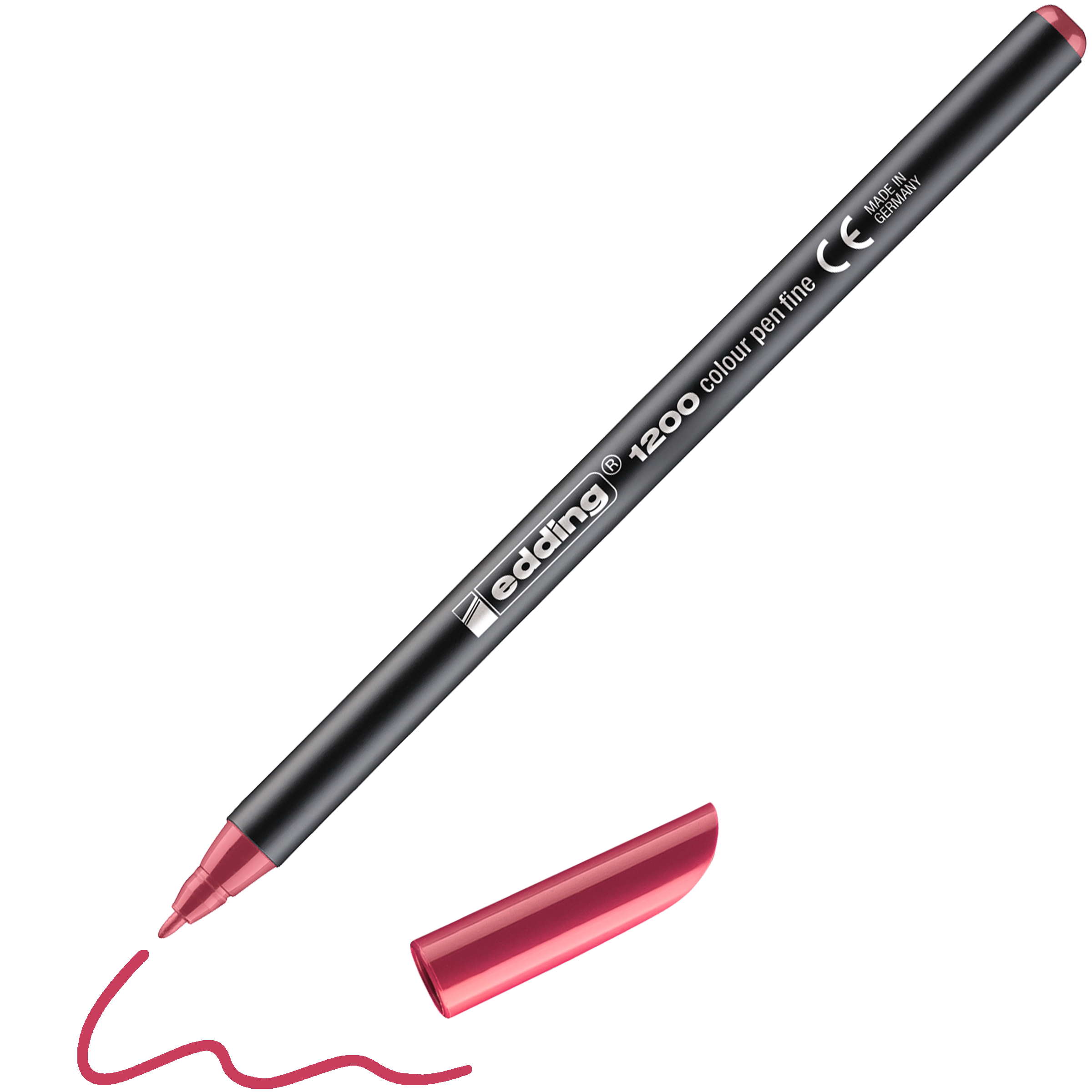 Ein schwarzer edding 1200 Fasermaler fein mit rosa Spitze und passender rosa Kappe hat daneben eine wellenförmige rosa Linie gezeichnet.