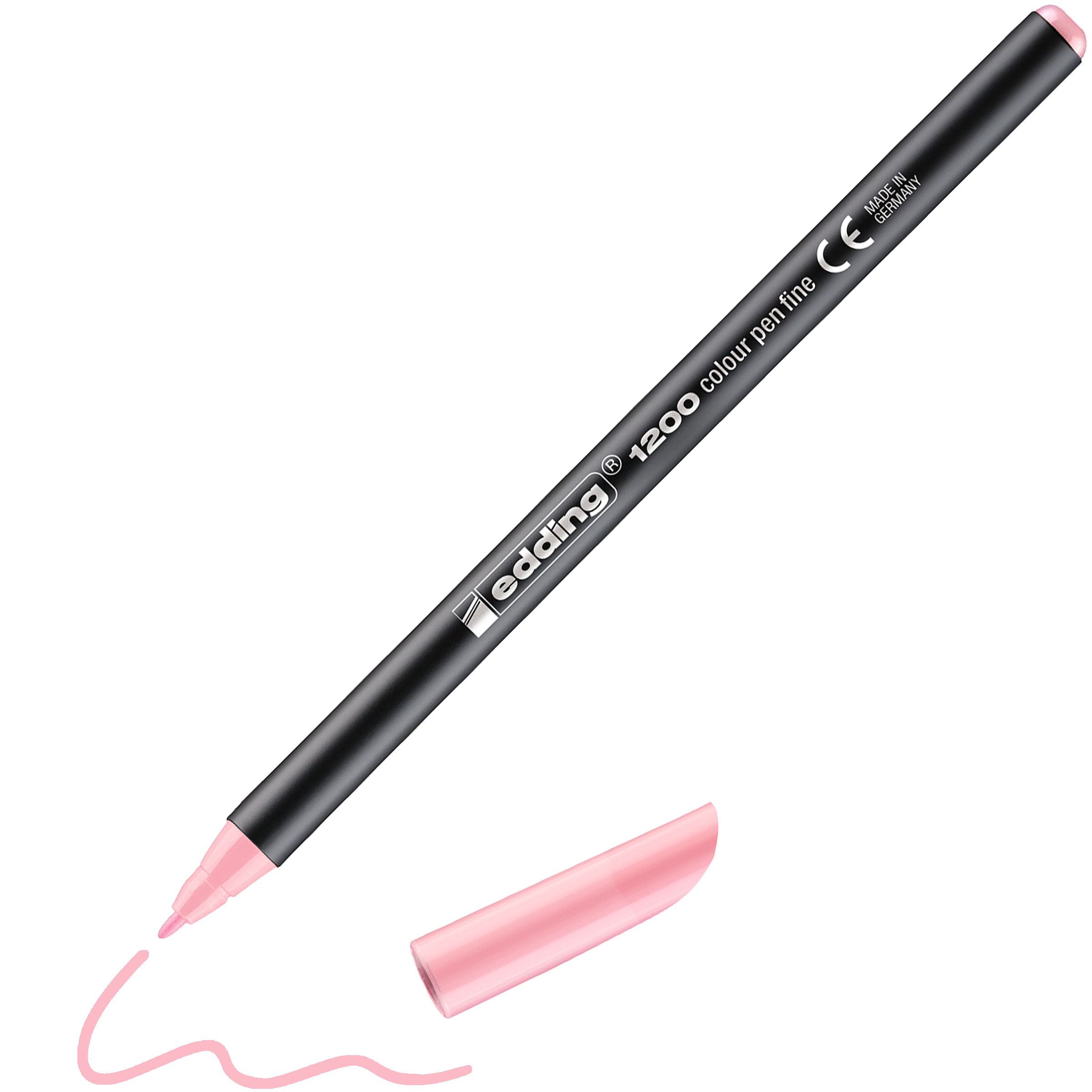Ein schwarzer Fasermaler edding 1200 fein mit rosa Spitze und Kappe zeichnet eine rosa Wellenlinie, die Kappe liegt neben dem Stift.