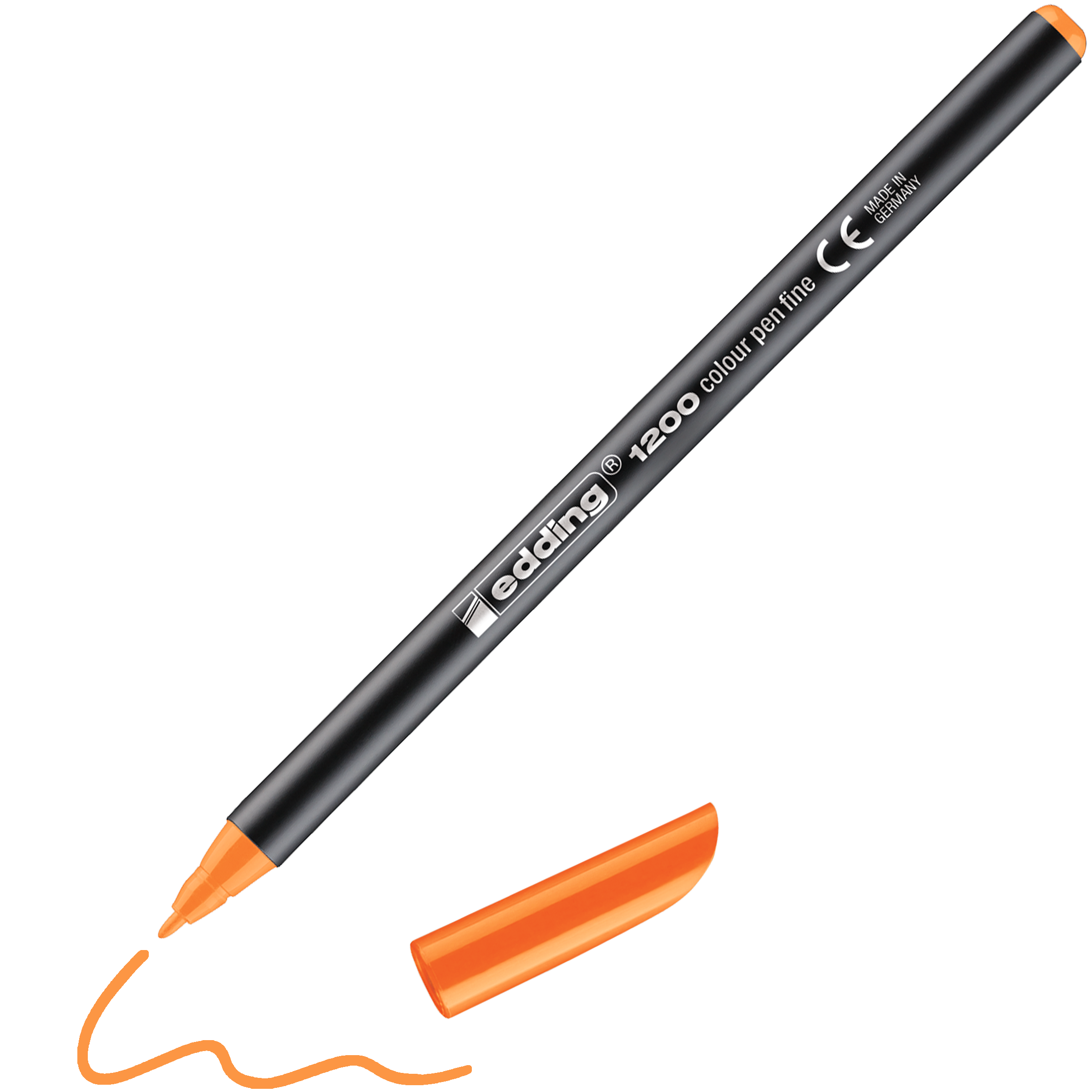 Ein schwarzer edding 1200 Fasermaler fein von edding mit orangefarbener Spitze und Kappe zeichnet eine geschwungene orange Linie. Die Kappe befindet sich unterhalb des diagonalen Stifts, ähnlich wie bei den Edding Fasermalern.