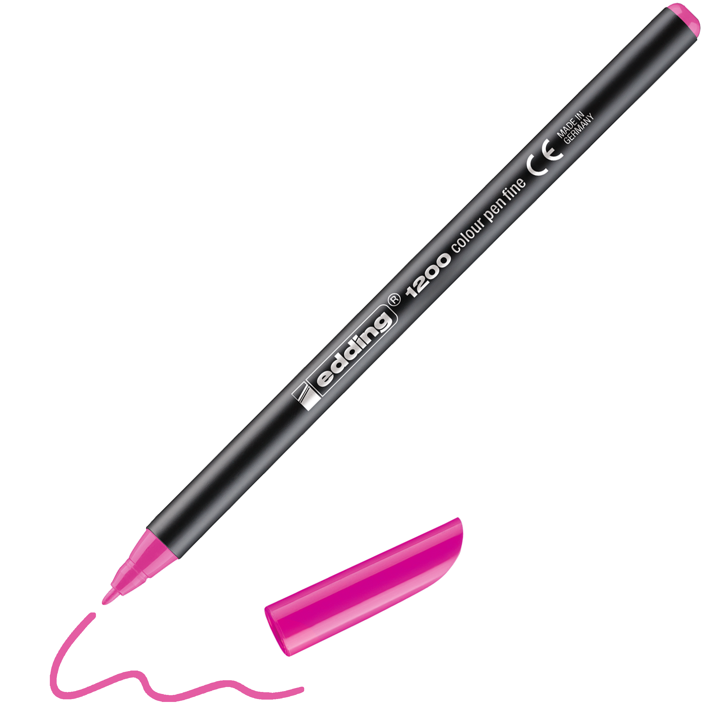 Ein schwarzer edding 1200 Fasermaler fein mit rosa Spitze und Kappe zeichnet eine wellenförmige rosa Linie. Die Kappe liegt neben dem Stift und unterstreicht die Präzision, die mit edding-Stiften verbunden ist.