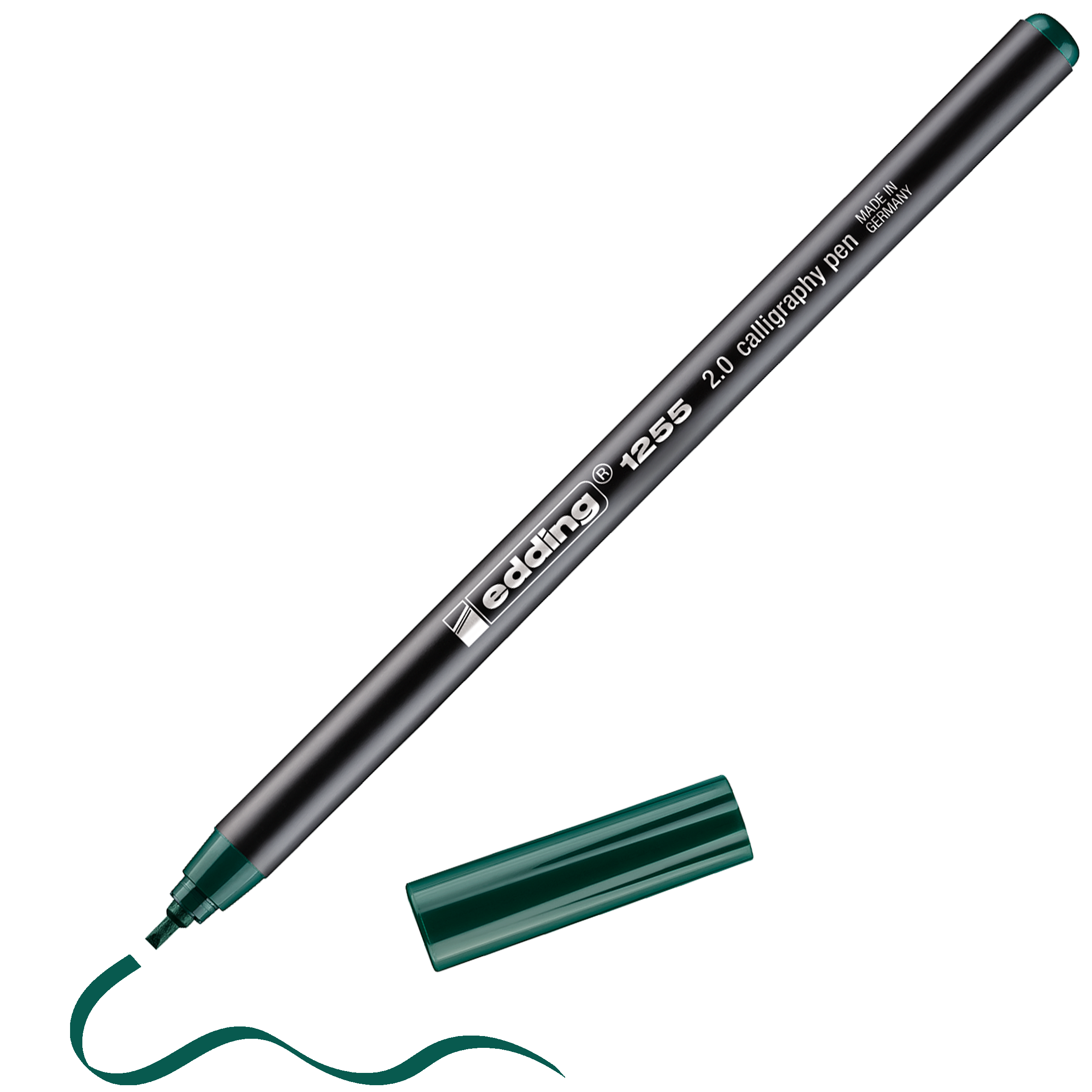 Ein edding 1255 Kalligrafiestift ohne Kappe zeichnet eine grüne Wellenlinie – ideal für Kalligrafiestift-Fans und kreativen Ausdruck.