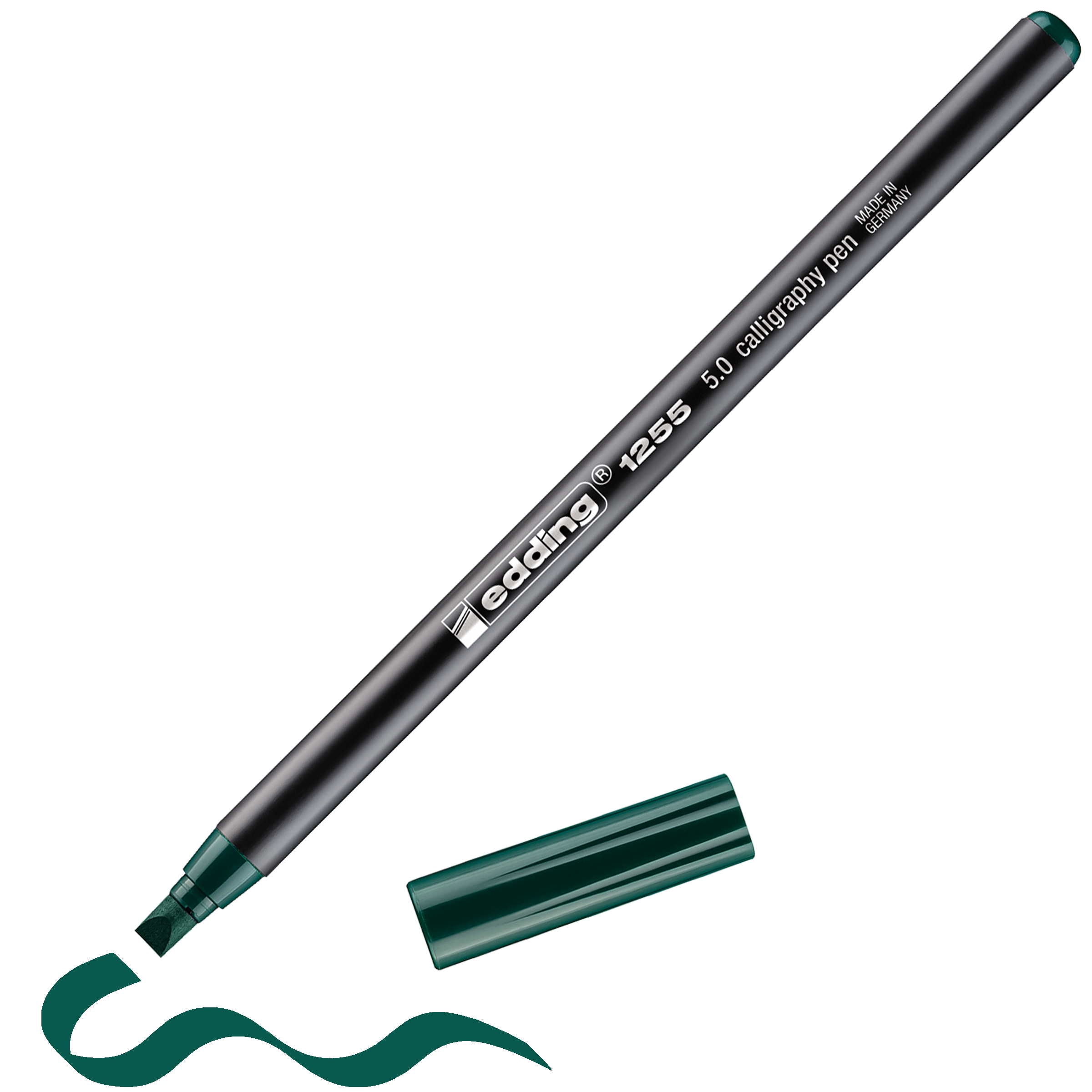 Ein grüner edding 1255 Kalligrafiestift von edding zeichnet ohne Kappe eine wellenförmige grüne Linie – ideal, um Ihren Kalligrafieprojekten Flair zu verleihen.