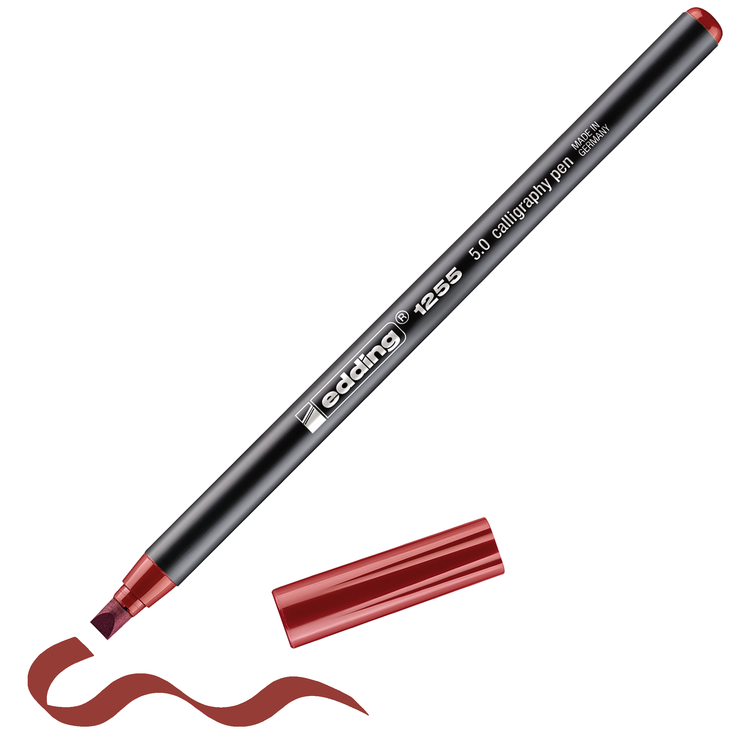 Ein schwarzer edding 1255 Kalligrafiestift mit roter Kappe und Spitze zeichnet eine wellenförmige rote Linie, wobei die Kappe daneben platziert ist und die Eleganz der Kalligrafiestifte von edding unterstreicht.