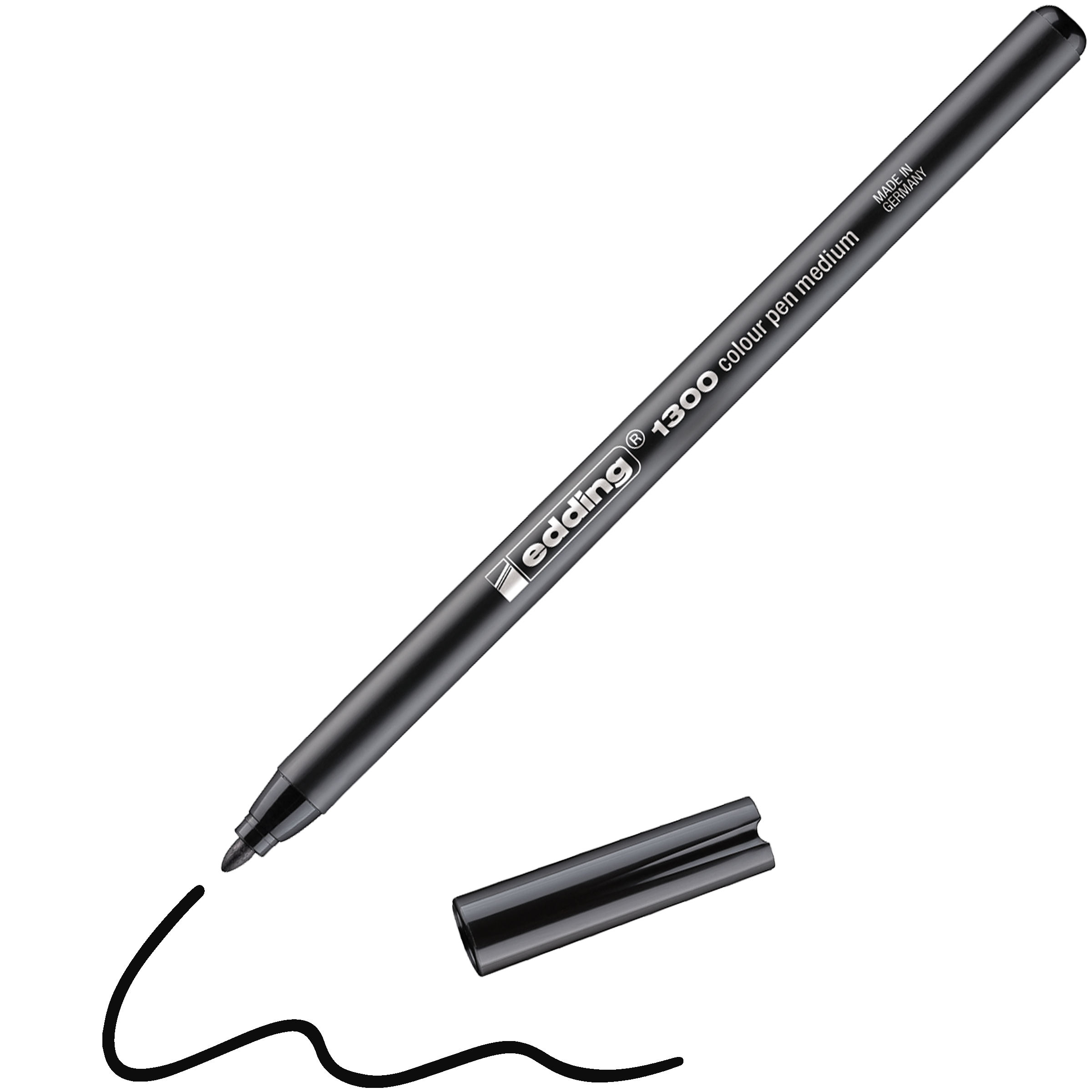 Daneben liegt ein schwarzer edding 1300 Fasermaler medium ohne Kappe, von dessen Spitze sich eine schwarze Wellenlinie erstreckt. Dieser in Deutschland hergestellte Stift von edding stammt aus einem Sortiment mit 40 leuchtenden Farben.