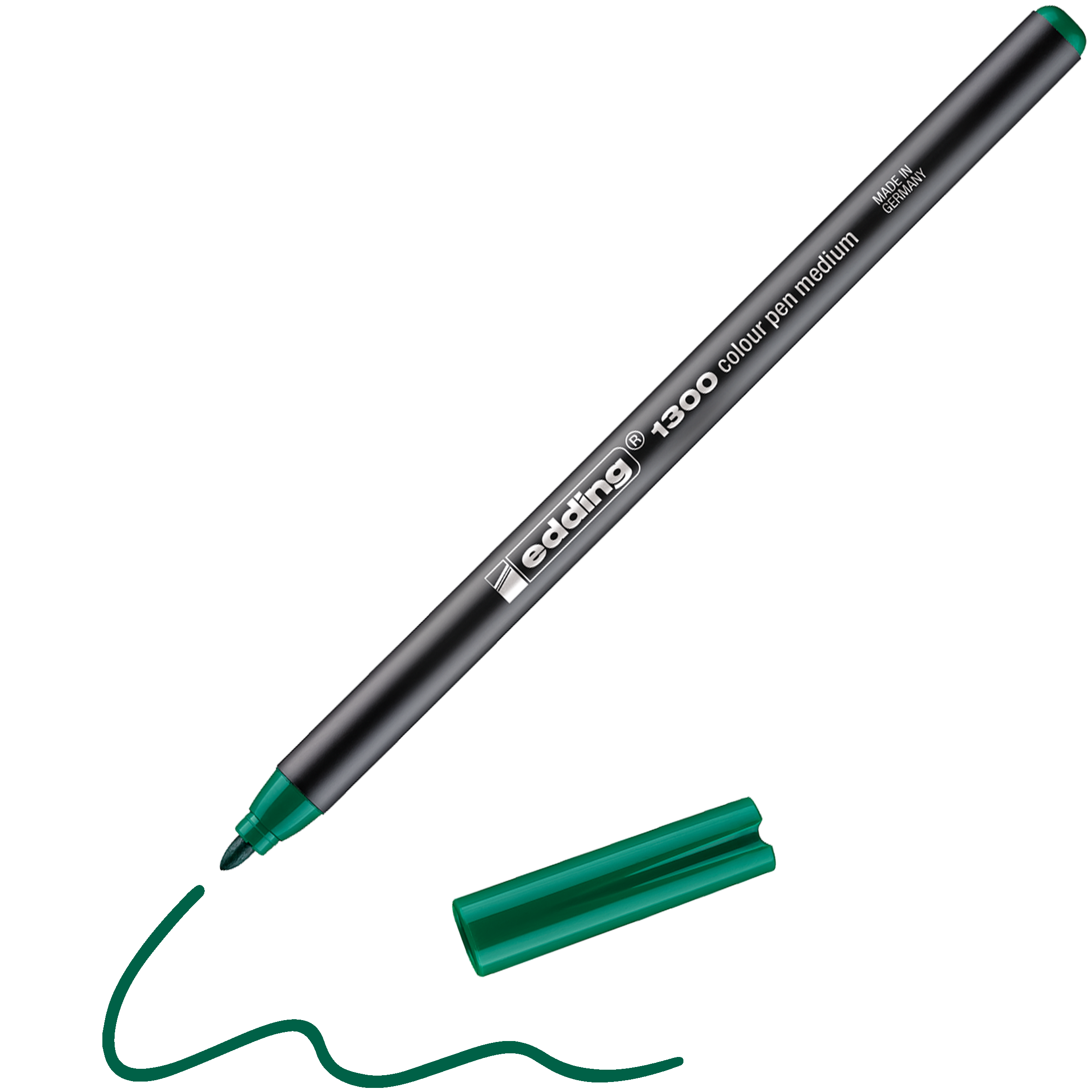 Ein grüner Fasermaler edding 1300 Fasermaler medium von edding, Made in Germany, liegt ohne Kappe mit der Kappe daneben und zeichnet eine wellenförmige grüne Linie unter der Spitze.