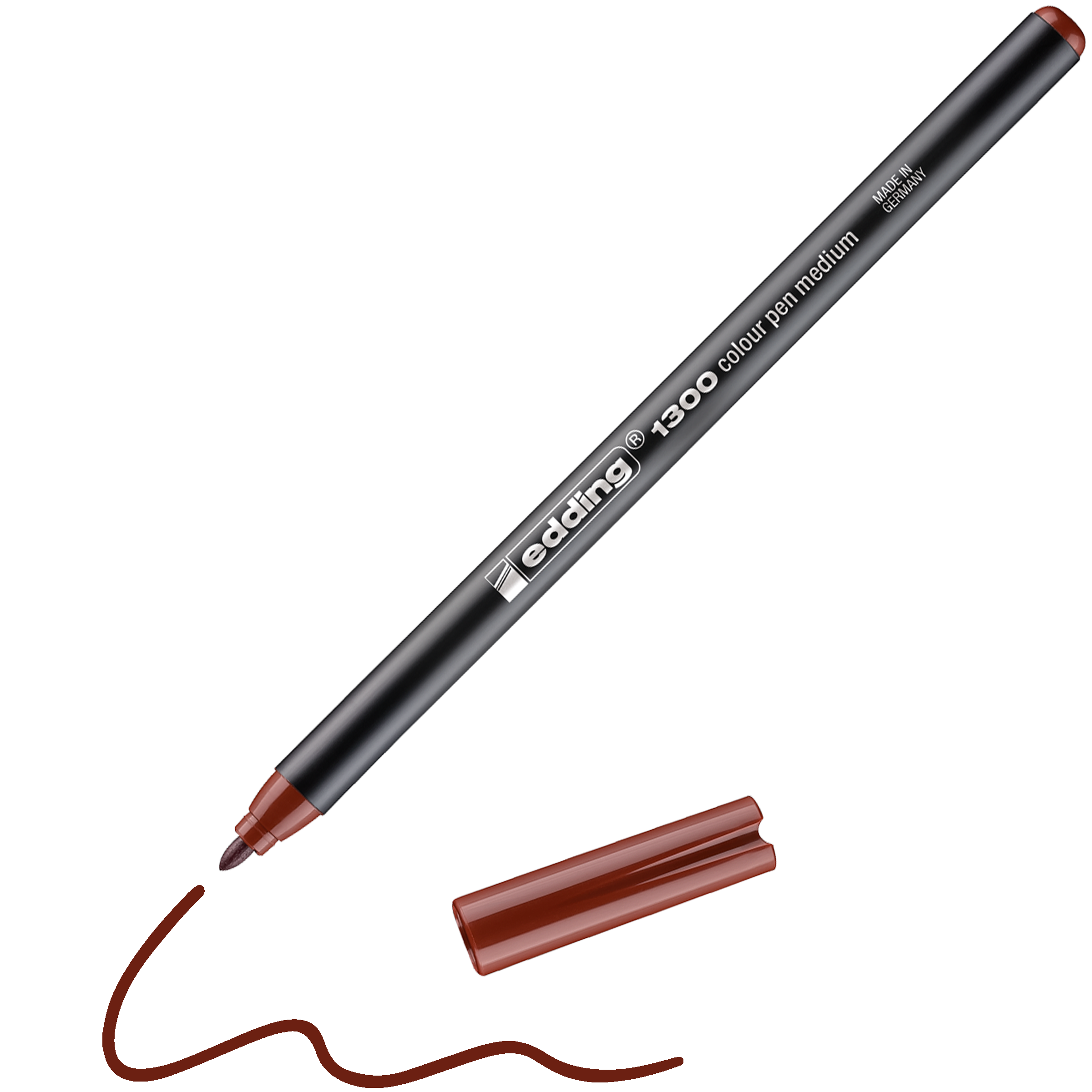 Ein schwarzer edding 1300 Fasermaler medium zeichnet mit seiner braunen Spitze eine wellenförmige braune Linie, während die braune Kappe daneben liegt. Dieser in Deutschland hergestellte Stift gehört zur edding 40 intensive Farben Kollektion.