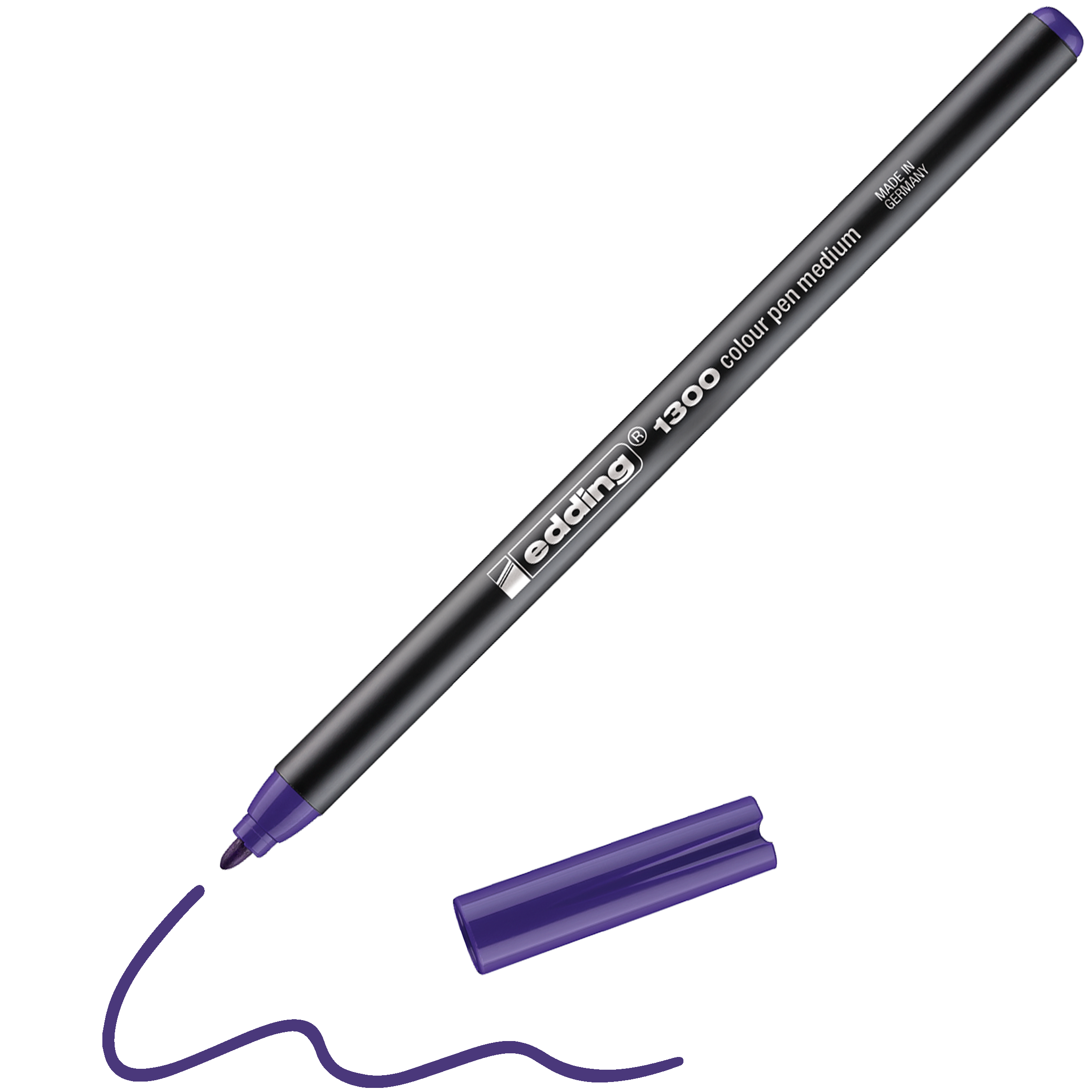 Ein violetter edding 1300 Fasermaler medium von edding, hergestellt in Deutschland, liegt ohne Kappe neben einer violetten Wellenlinie auf weißem Grund. Dieser Stift ist Teil einer 40 Farben umfassenden Palette intensiver Farbtöne.