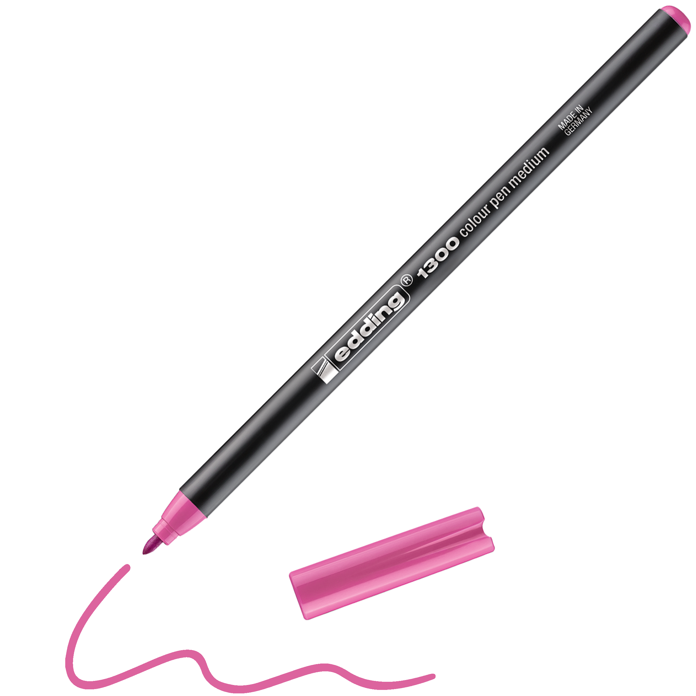 Das schwarze edding 1300 Fasermalermedium von edding mit pinkfarbener Kappe und Spitze zeichnet eine wellenförmige pinkfarbene Linie. Die Kappe liegt neben dem Stift. Hergestellt in Deutschland, ist der Stift in 40 leuchtenden Farben erhältlich.