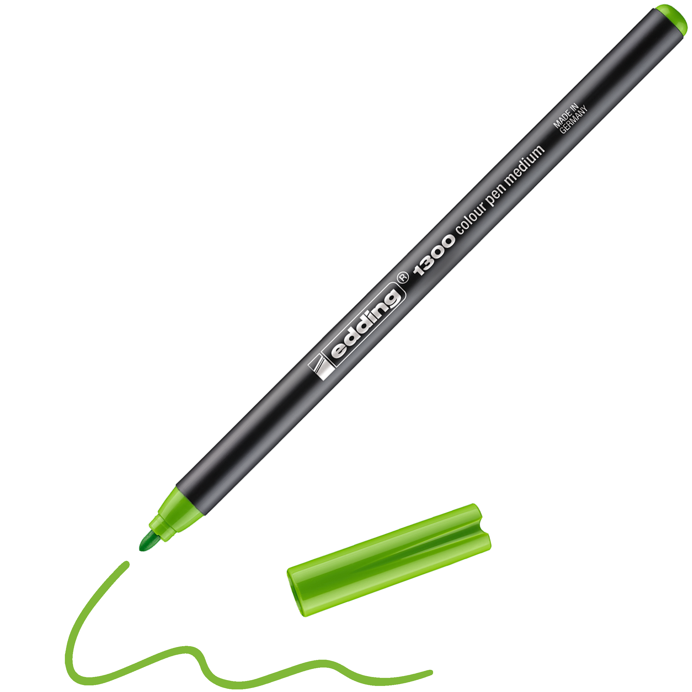 Ein schwarzer edding 1300 Fasermaler medium zeichnet mit abgenommener grüner Kappe eine grüne Wellenlinie. Die Kappe liegt neben dem Stift. Dieser in Deutschland hergestellte edding Stift ist Teil eines Sortiments mit 40 leuchtenden Farben.