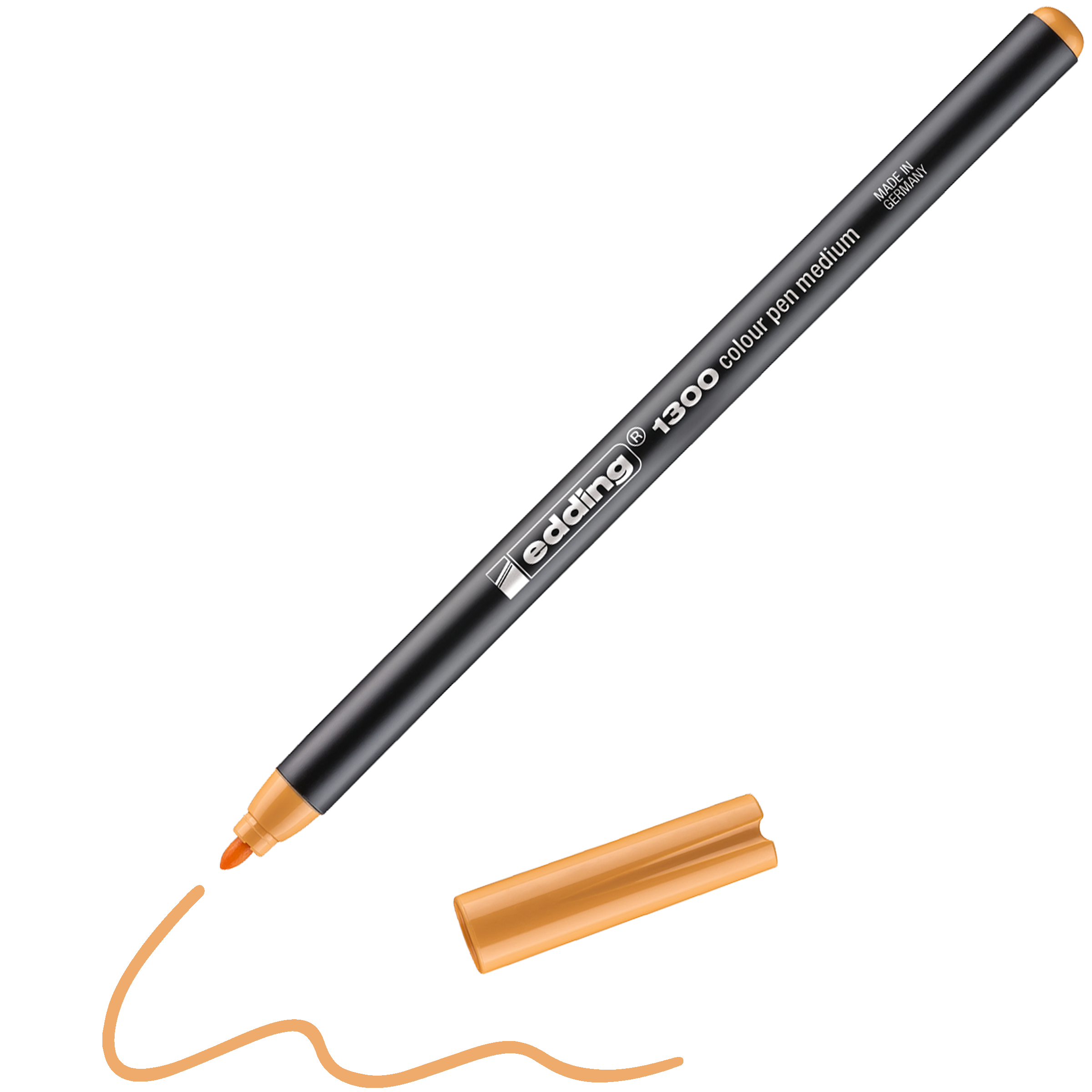 Ein schwarzes edding 1300 Fasermalermedium von edding, Made in Germany, mit orangefarbener Spitze zeichnet eine wellenförmige orange Linie, während die orangefarbene Kappe daneben ruht.