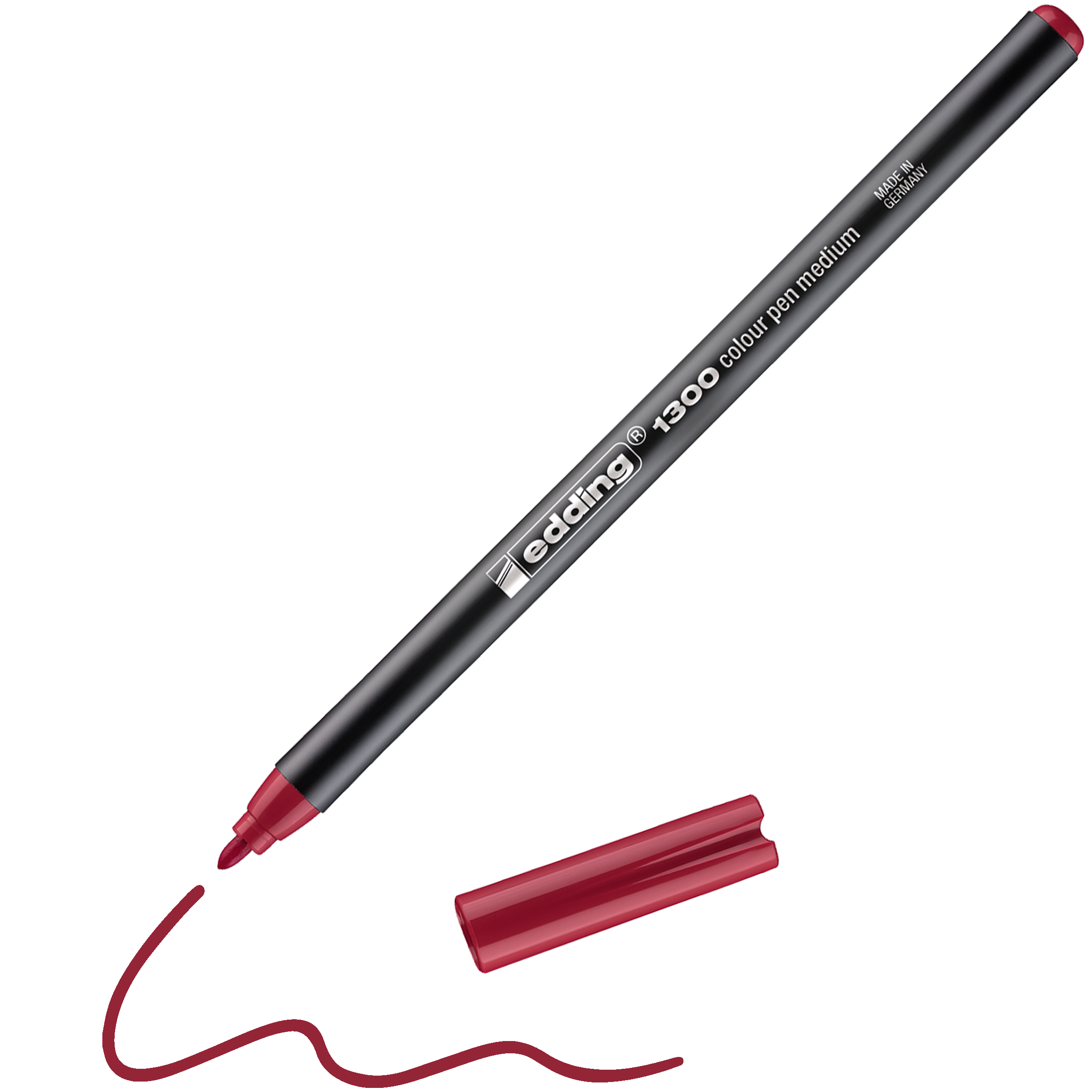 Ein rotes edding 1300 Fasermalermedium von edding, ohne Kappe, zeichnet eine wellenförmige rote Linie. Sowohl der Stift als auch seine Kappe wurden in Deutschland hergestellt und befinden sich auf weißem Untergrund.