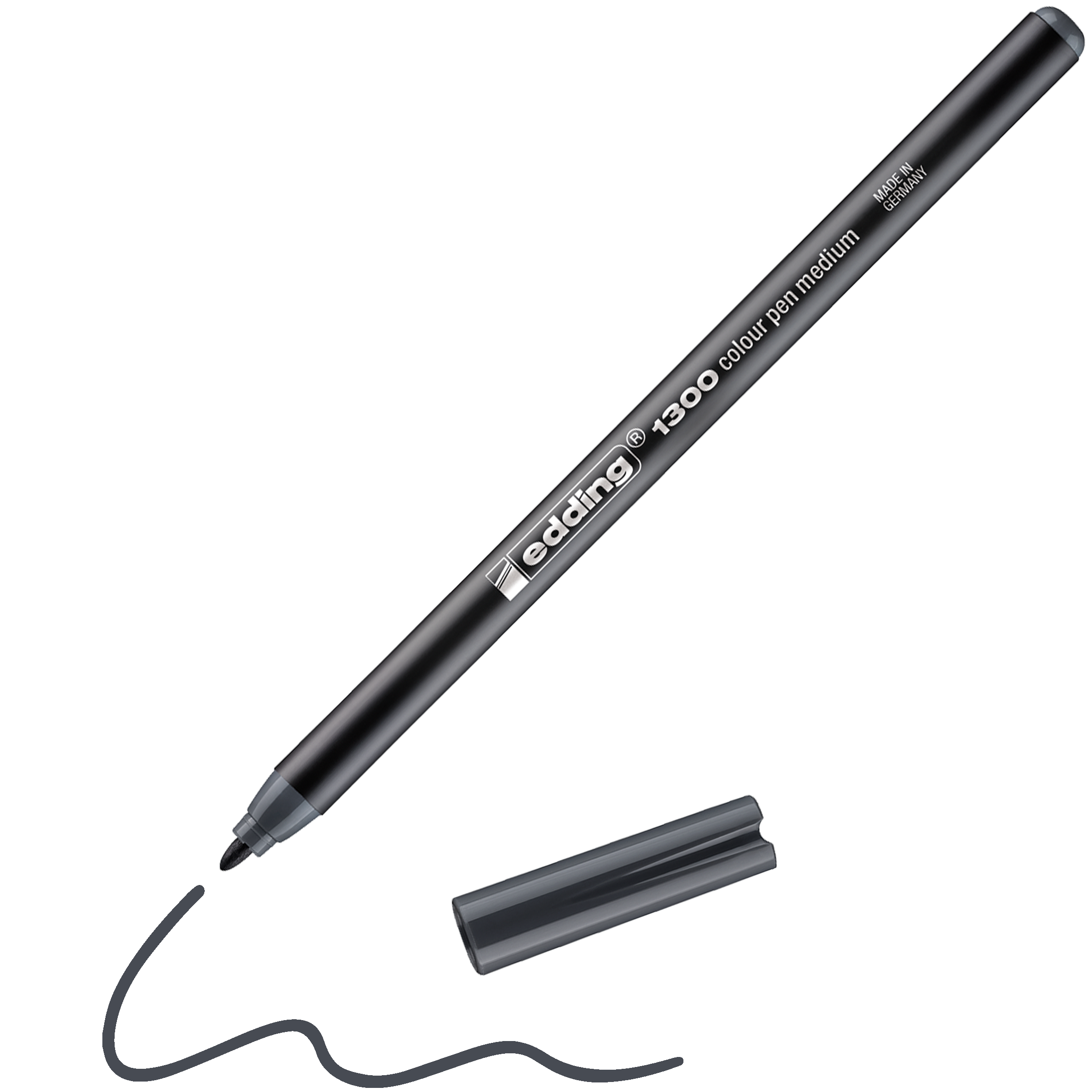 Ein edding 1300 Fasermaler medium in Schwarz, ohne Kappe, der eine Wellenlinie auf weißem Untergrund erzeugt. Stift und Kappe sind schwarz, das edding-Logo ist sichtbar und der Stift ist Made in Germany.