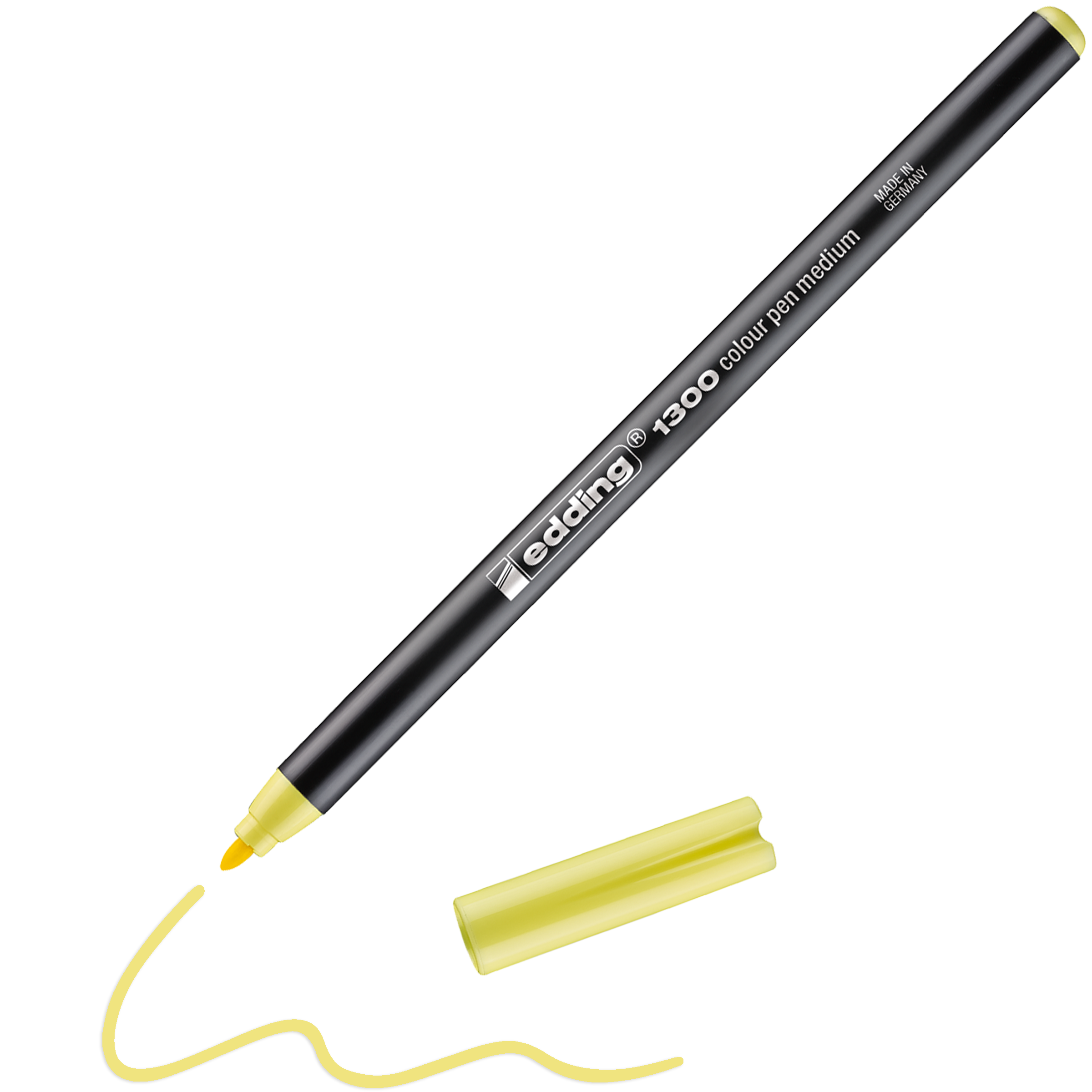 Ein schwarzer edding 1300 Fasermaler medium von edding, hergestellt in Deutschland, mit gelber Spitze zeichnet eine wellenförmige gelbe Linie. Die gelbe Kappe befindet sich neben dem Stift.
