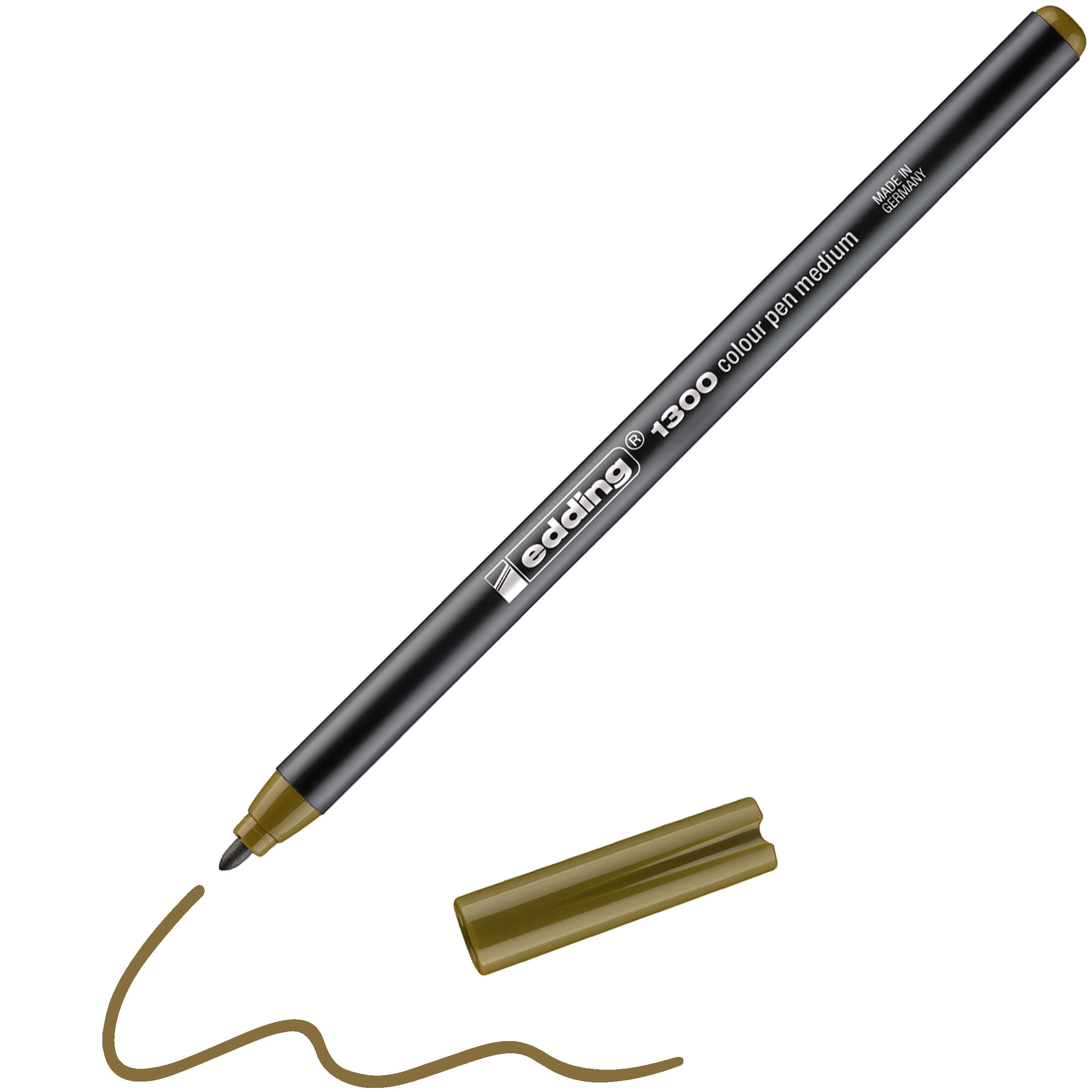 Ein schwarzes edding 1300 Fasermalermedium von edding, hergestellt in Deutschland, wird ohne goldene Kappe angezeigt und zeichnet daneben eine wellenförmige goldene Linie.