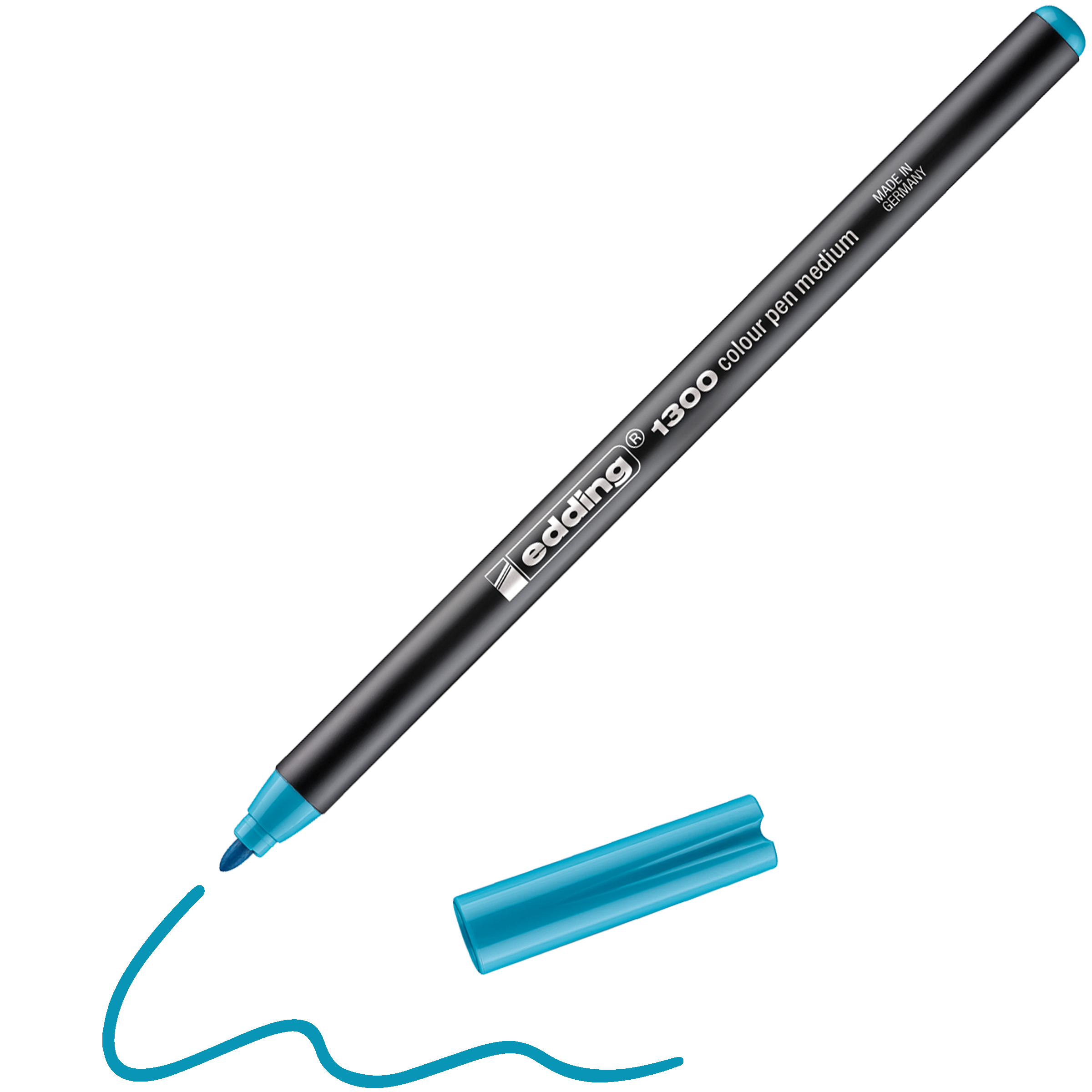 Ein schwarzer edding 1300 Fasermaler medium von edding mit blauer Spitze und Kappe zeichnet eine wellenförmige blaue Linie. Die Kappe ist abgenommen und daneben platziert. Hergestellt in Deutschland, stammt dieser Stift aus einem Set mit 40 intensiven Farben.