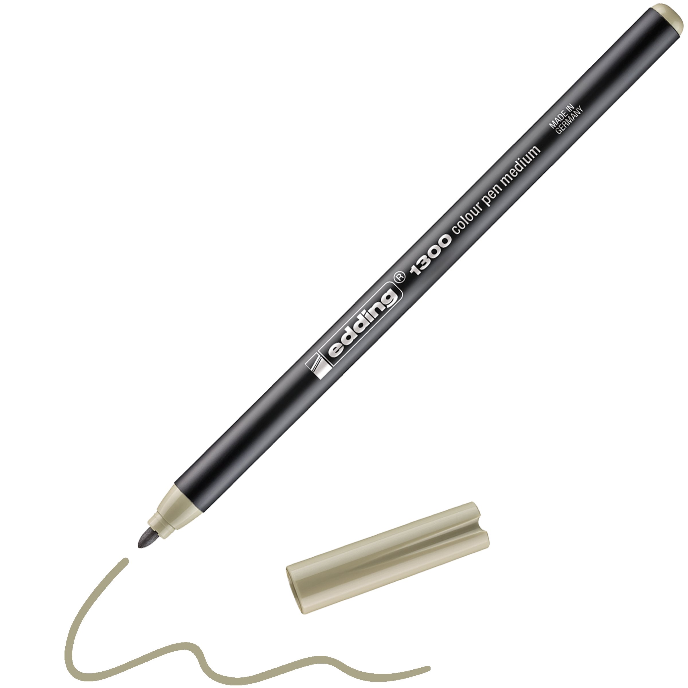 Ein schwarzer edding 1300 Fasermaler medium von edding, hergestellt in Deutschland, liegt ohne beige Kappe daneben. Er hat eine gewellte beige Linie gezeichnet.