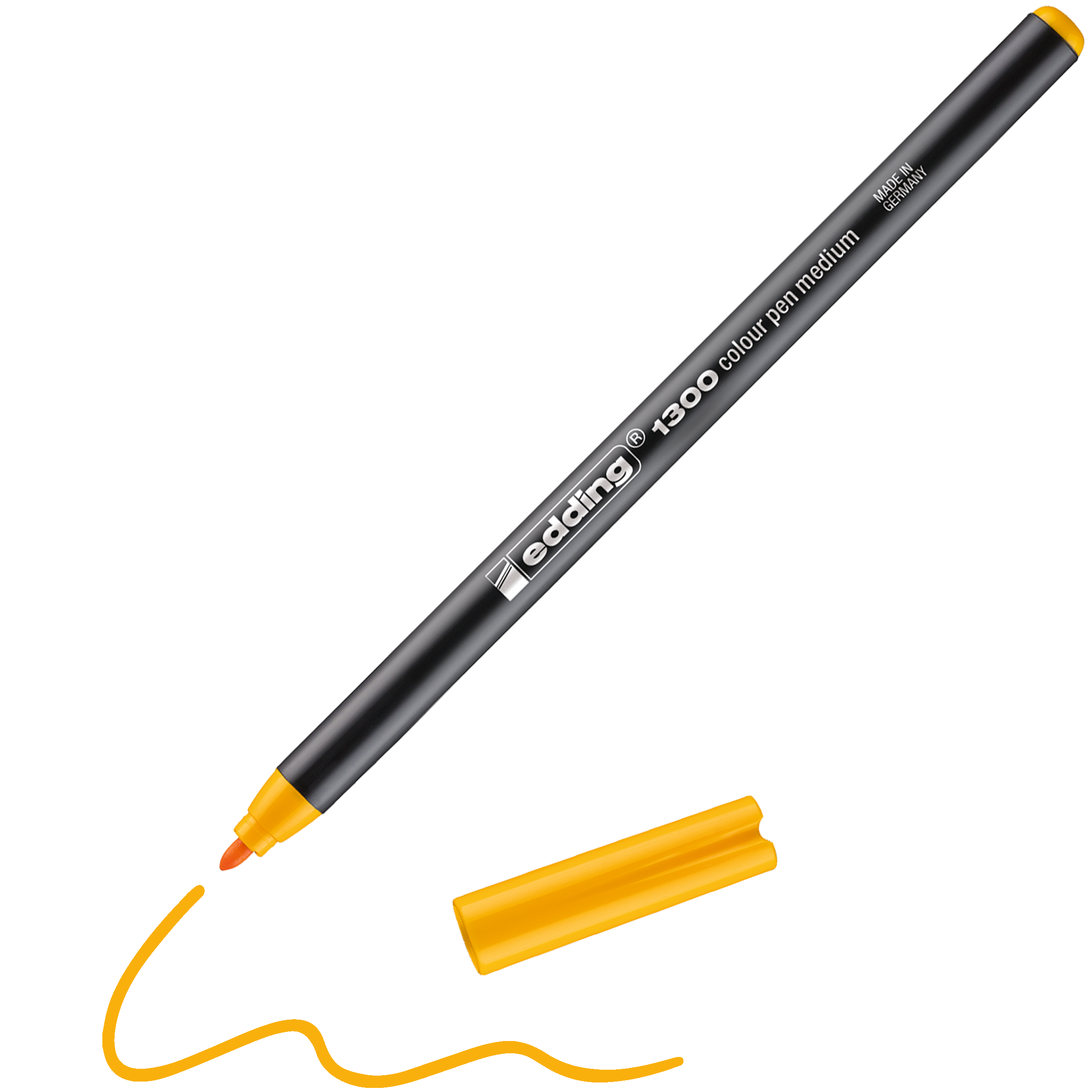 Ein schwarzer edding 1300 Fasermaler mittlerer Farbstift mit gelber Spitze zeichnet eine wellenförmige gelbe Linie, die gelbe Kappe ist in der Nähe. Dieser Stift wird in Deutschland von edding hergestellt und gehört zur 40 Intensive Farben Kollektion.