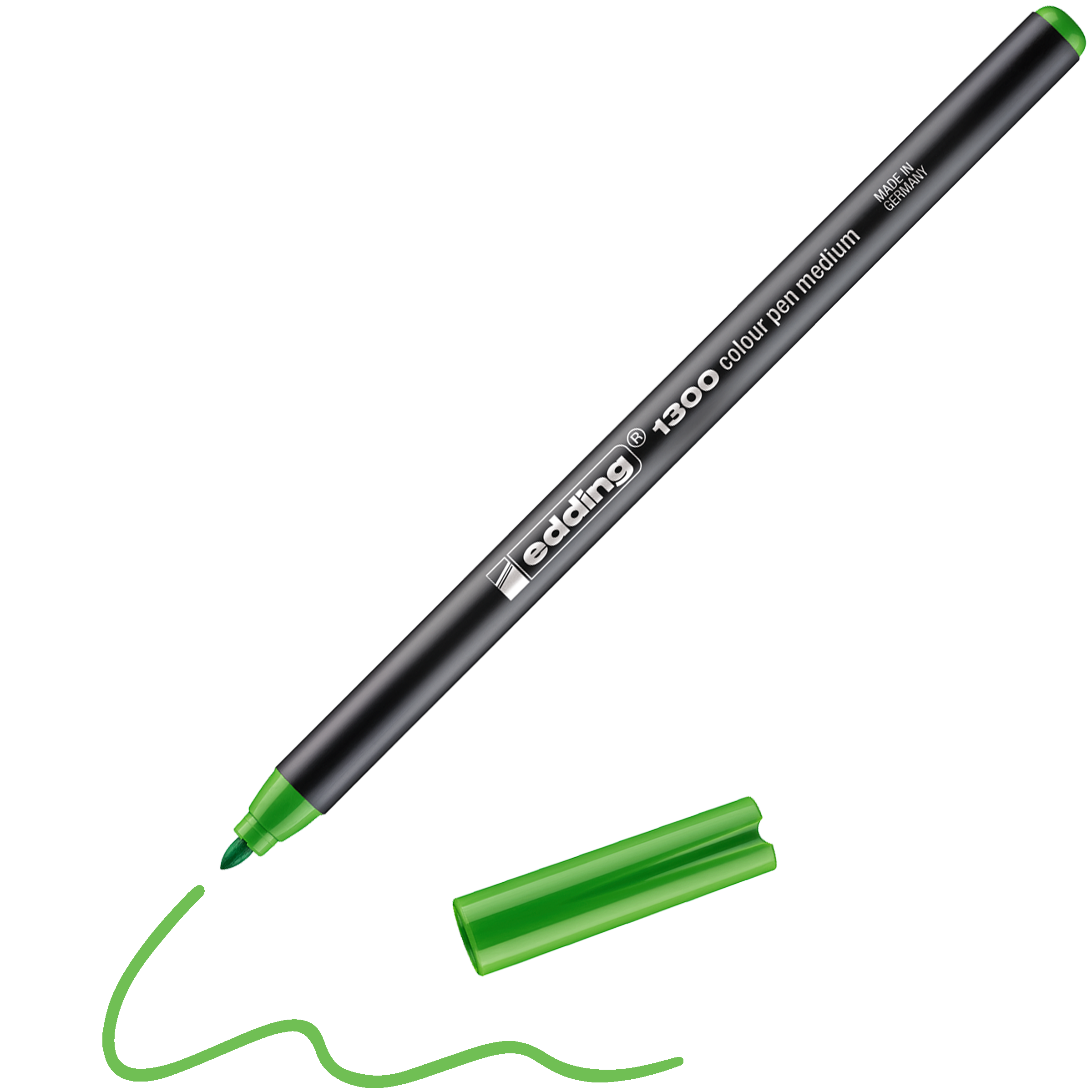 Ein edding 1300 Fasermalermedium von edding mit grüner Spitze zeichnet eine wellenförmige grüne Linie, die Kappe daneben. Freuen Sie sich auf 40 leuchtende Farben, alle Made in Germany.