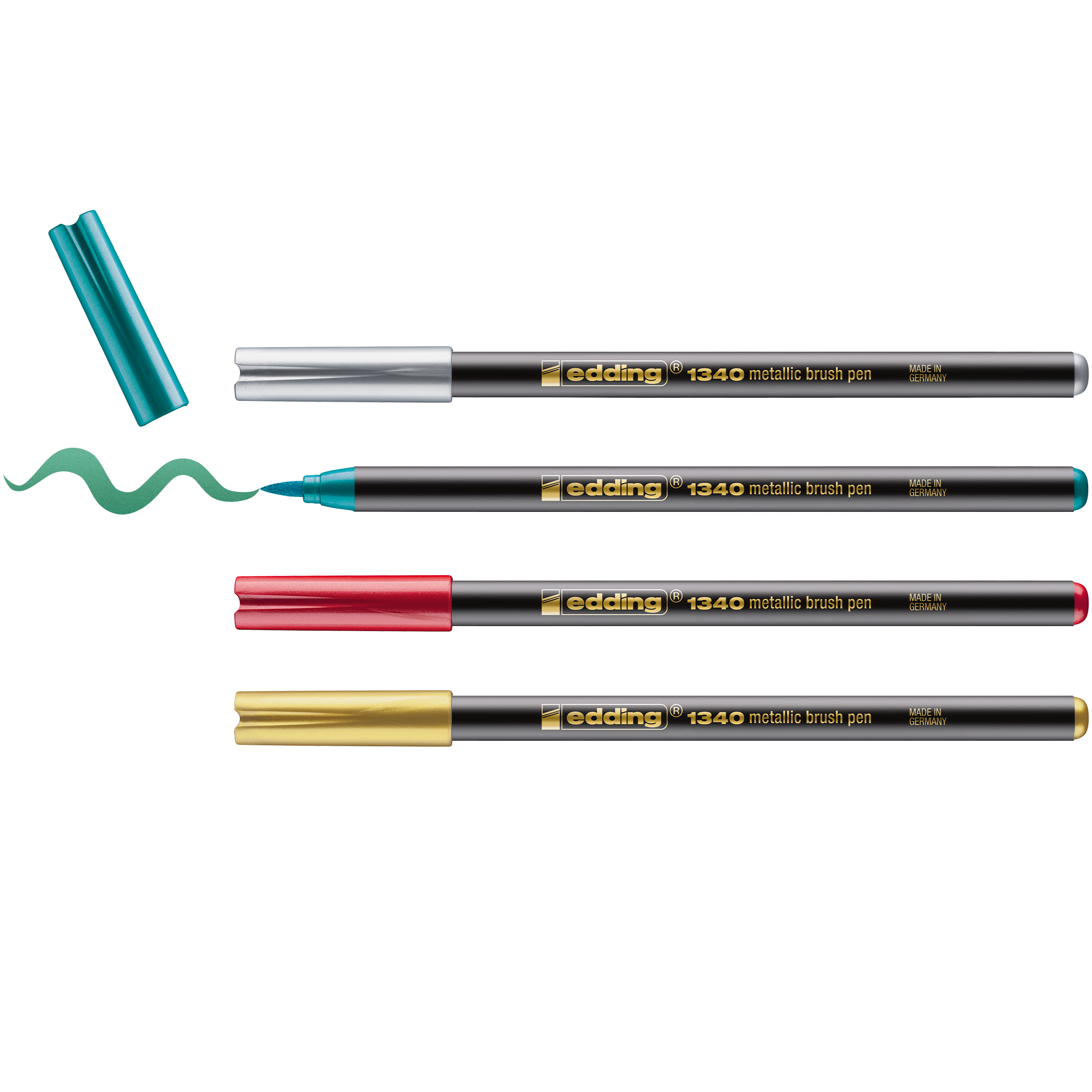 Das edding 1340 metallic Pinselstift 4er-Set XMAS von edding zeigt vier Stifte mit abgenommenen Kappen und Linien in Türkis, Silber, Rot und Gold – eine festliche Farbauswahl. Die passenden Kappen liegen jeweils daneben.