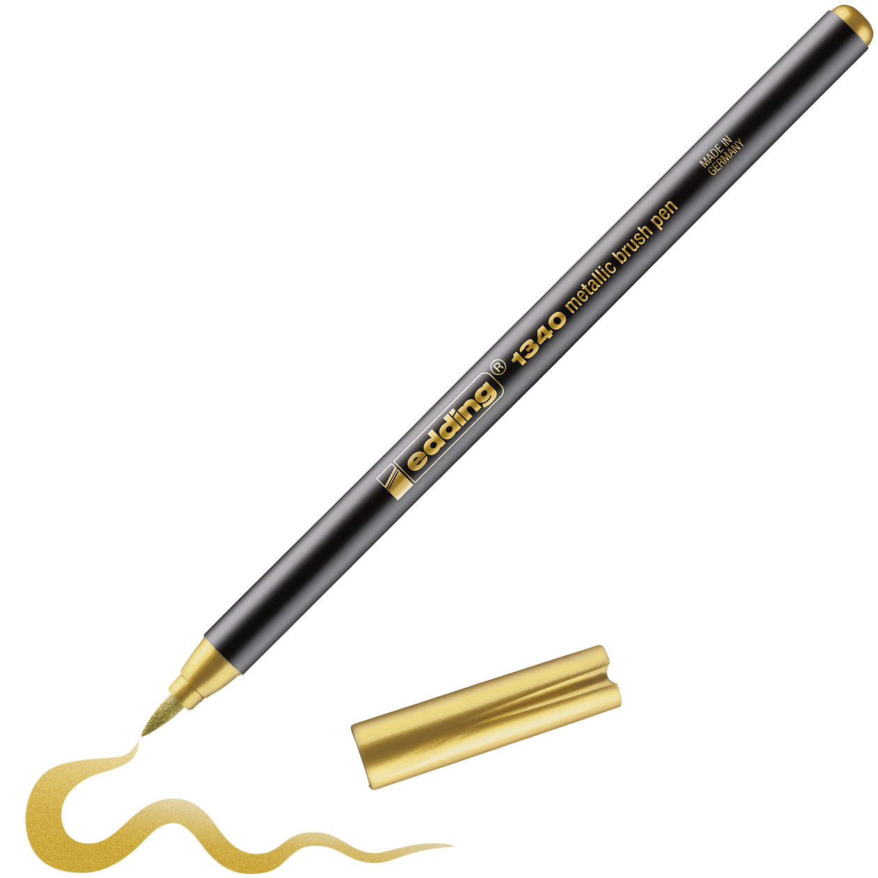 Der schwarze edding 1340 Metallic-Pinselstift von edding mit goldener Kappe zeichnet eine schimmernde Goldlinie. Die wasserbasierte Tinte sorgt für leuchtende Farben und Lichtechtheit. Die Kappe befindet sich neben dem Stift.