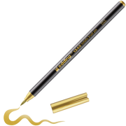Der schwarze edding 1340 Metallic-Pinselstift von edding mit goldener Kappe zeichnet eine schimmernde Goldlinie. Die wasserbasierte Tinte sorgt für leuchtende Farben und Lichtechtheit. Die Kappe befindet sich neben dem Stift.