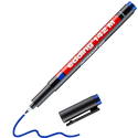 Der edding 142 M Permanenter Folienschreiber von edding zeichnet mit blauer, wasserfester Tinte eine wellenförmige Linie. Seine schwarze Kappe mit blauem Ende liegt neben dem Stift, dessen Schaft rot-weiß beschriftet ist – ideal für permanentes Schreiben auf Overheadfolien.