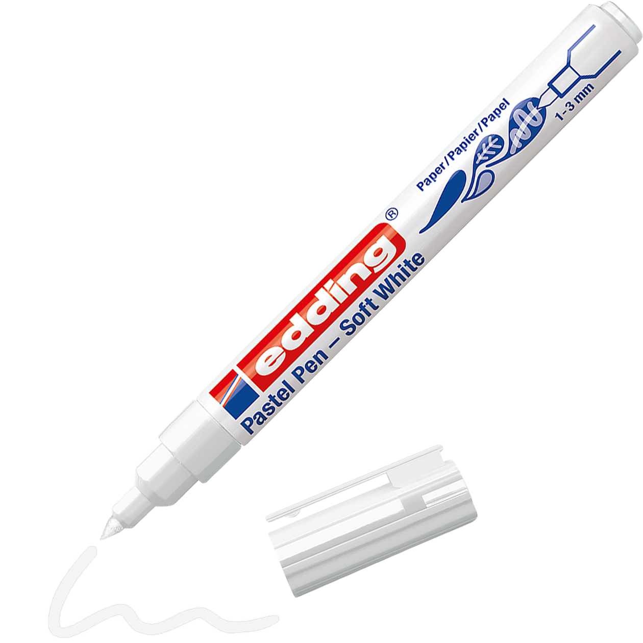 Ein edding 1500 Pastellstift von edding zeigt ohne Kappe seine feine Spitze. Der wasserbasierende Stift trägt die Aufschrift „Pastel Pen – Soft White“, „1-3 mm“ und zeichnet mit der danebenliegenden Kappe eine wellenförmige weiße Linie.