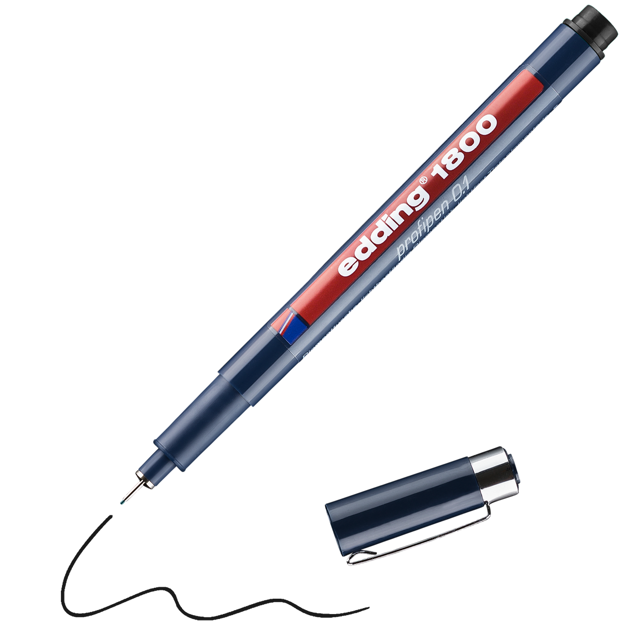 Ein blauer edding 1800 Präzisionsfeinschreiber ohne Kappe zeigt die schwarze Spitze und eine wellenförmige schwarze Pigmenttintenlinie – perfekt für technische Zeichnungen. Die Kappe liegt neben diesem edding Stift.