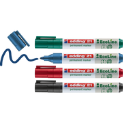 Vier edding 21 EcoLine Permanentmarker aus Recyclingmaterial (blau, grün, rot, schwarz) stehen nebeneinander. Der blaue Marker ist geöffnet und zieht eine Linie; Die anderen drei von edding sind verschlossen.