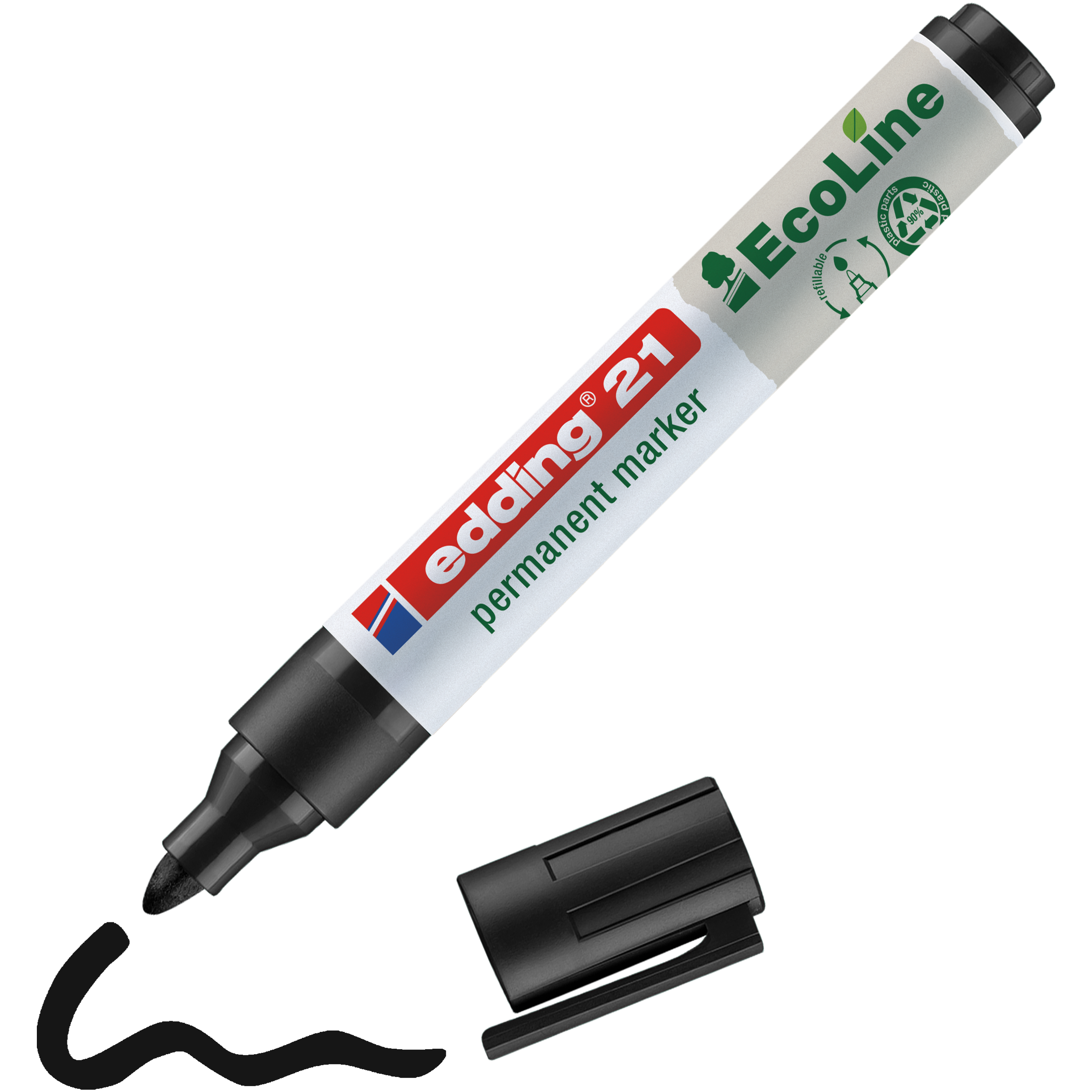 Ein schwarzer edding 21 EcoLine Permanentmarker ohne Kappe liegt neben einer schwarzen Wellenlinie. Er besteht aus recyceltem Material, ist mit grünen Umweltsymbolen auf dem Etikett versehen und nachfüllbar.