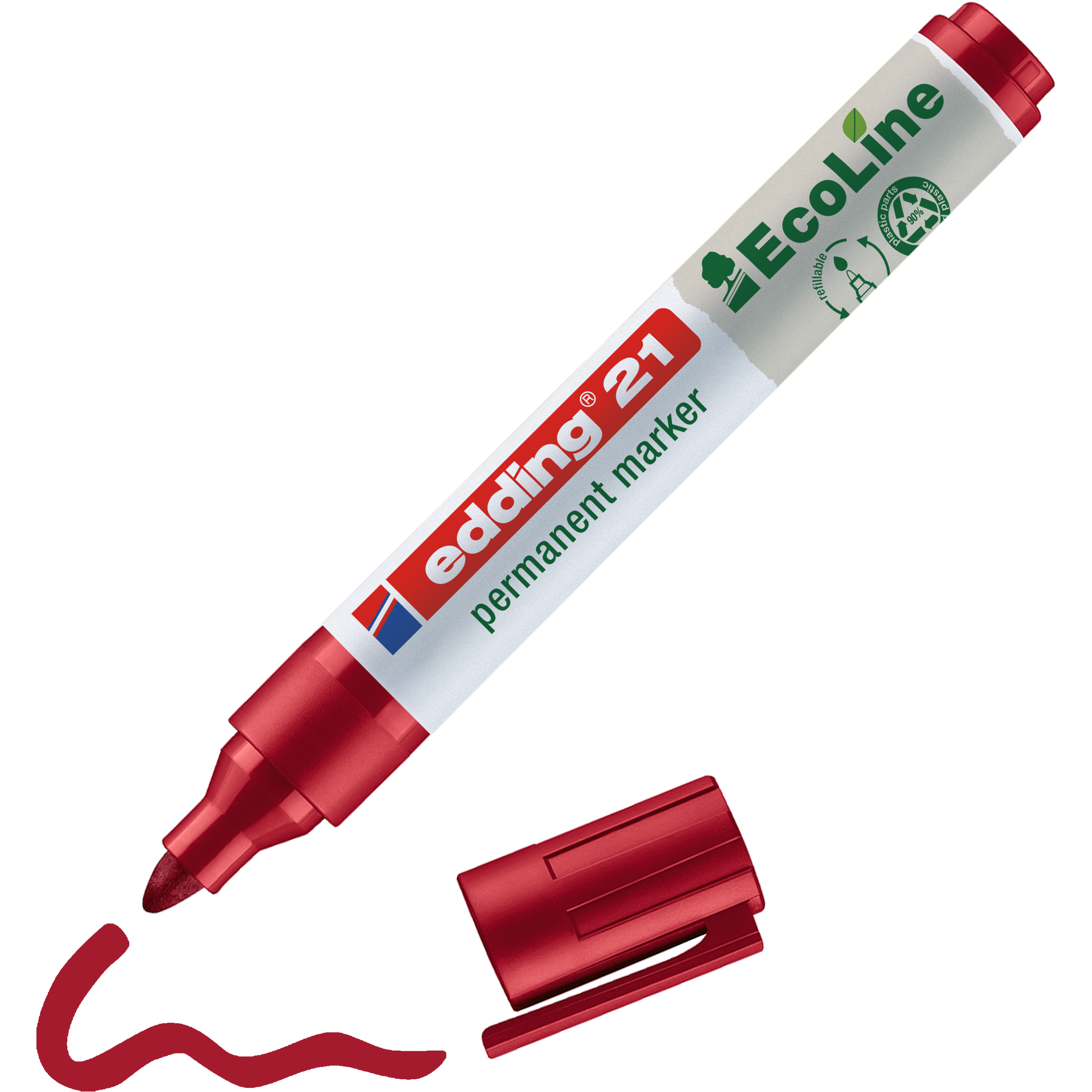 Ein edding 21 EcoLine Permanentmarker in Rot aus recyceltem Material, mit abgenommenem Deckel, liegt neben einer roten Linie. Das umweltfreundliche Etikett kennzeichnet ihn als nachfüllbar.