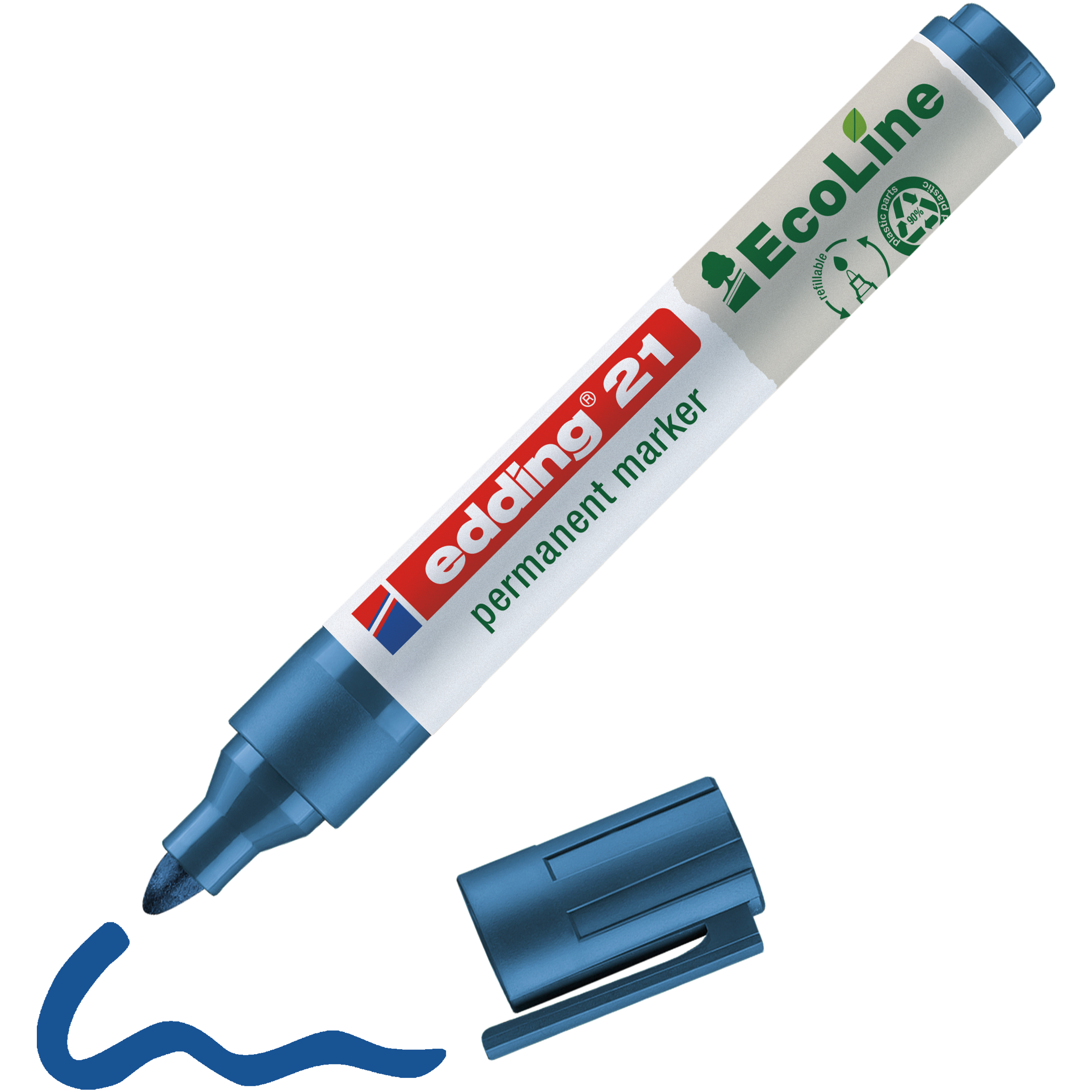 Ein blauer edding 21 EcoLine Permanentmarker ohne Kappe, sodass die Filzspitze und die blaue Wellenlinie sichtbar sind. Der Marker trägt die Marke edding, ist mit Umweltsymbolen versehen und besteht aus recyceltem Material.