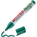 Ein edding 21 EcoLine Permanentmarker ohne Kappe mit grüner Kappe liegt neben einer wellenförmigen grünen Linie, die er selbst gezeichnet hat. Das Etikett ist mit umweltfreundlichem Branding und recyceltem Material der Marke edding versehen.