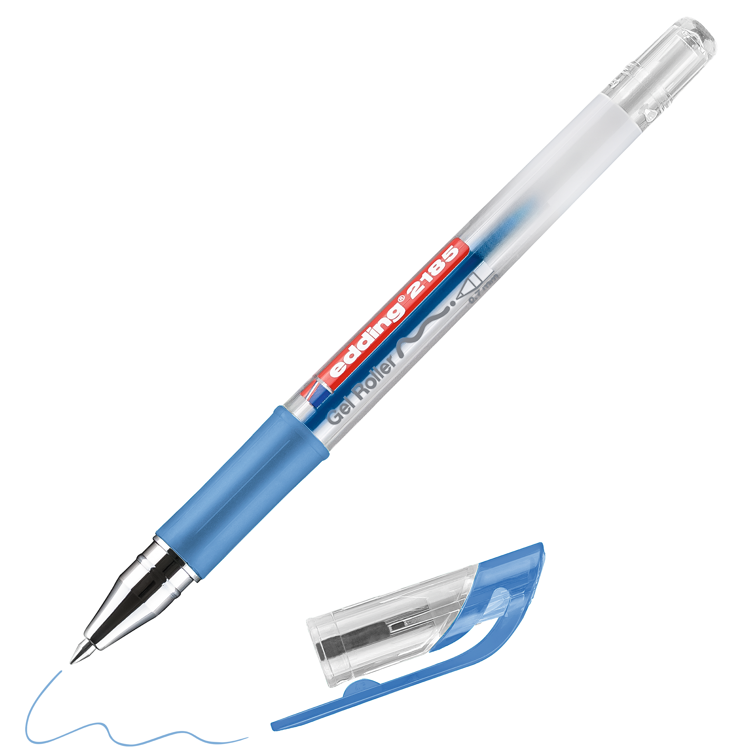 Ein edding 2185 Gelroller von edding mit transparentem Schaft und blauer Gummigriffzone zeichnet eine wellenförmige blaue Linie. Der Markenname edding ist auf dem Schaft sichtbar.