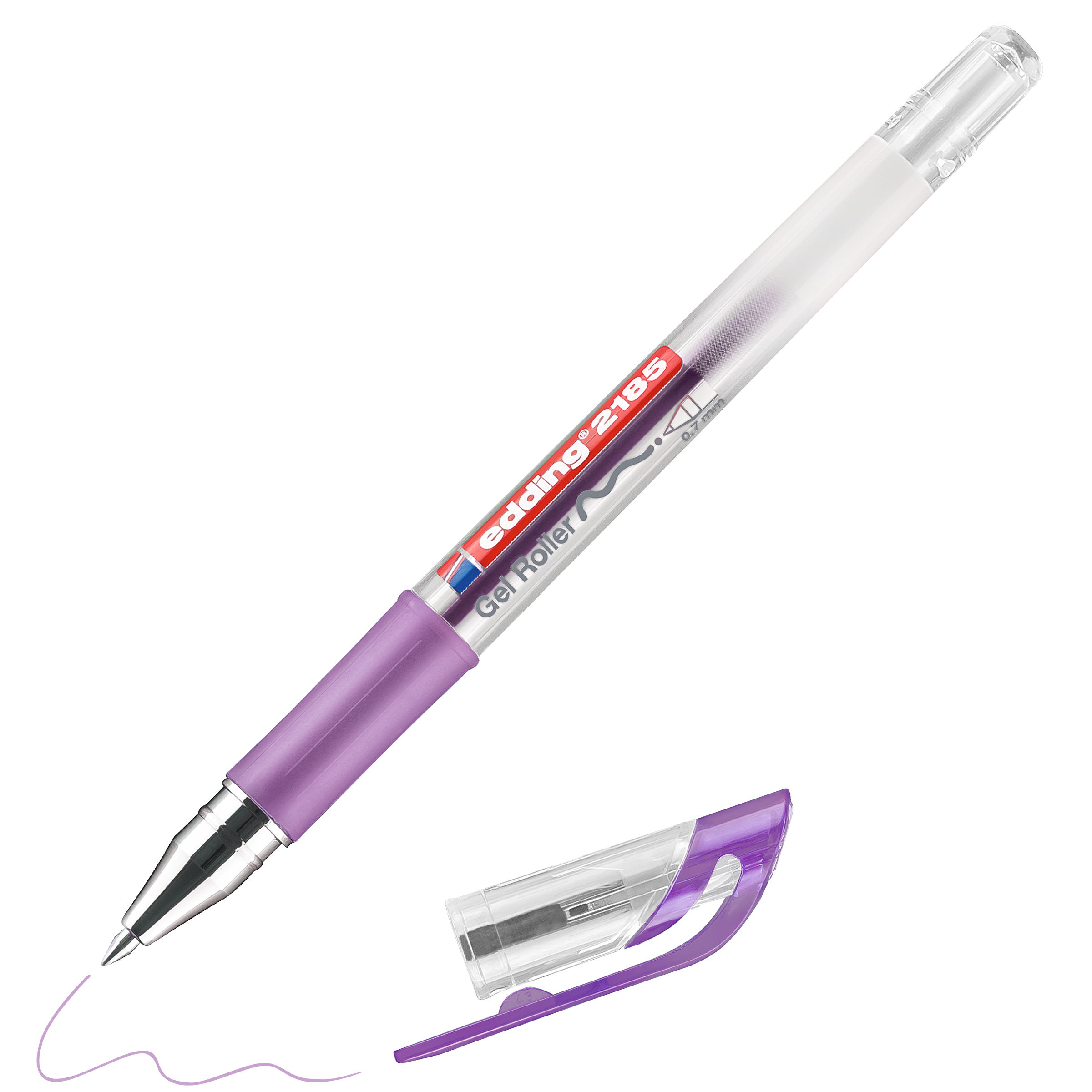 Der edding 2185 Gelroller von edding, ein transparenter Gelstift mit violetten Metallic-Akzenten und einem komfortablen Gummigriff, liegt schräg und ohne Kappe daneben und zeichnet eine violette Wellenlinie.